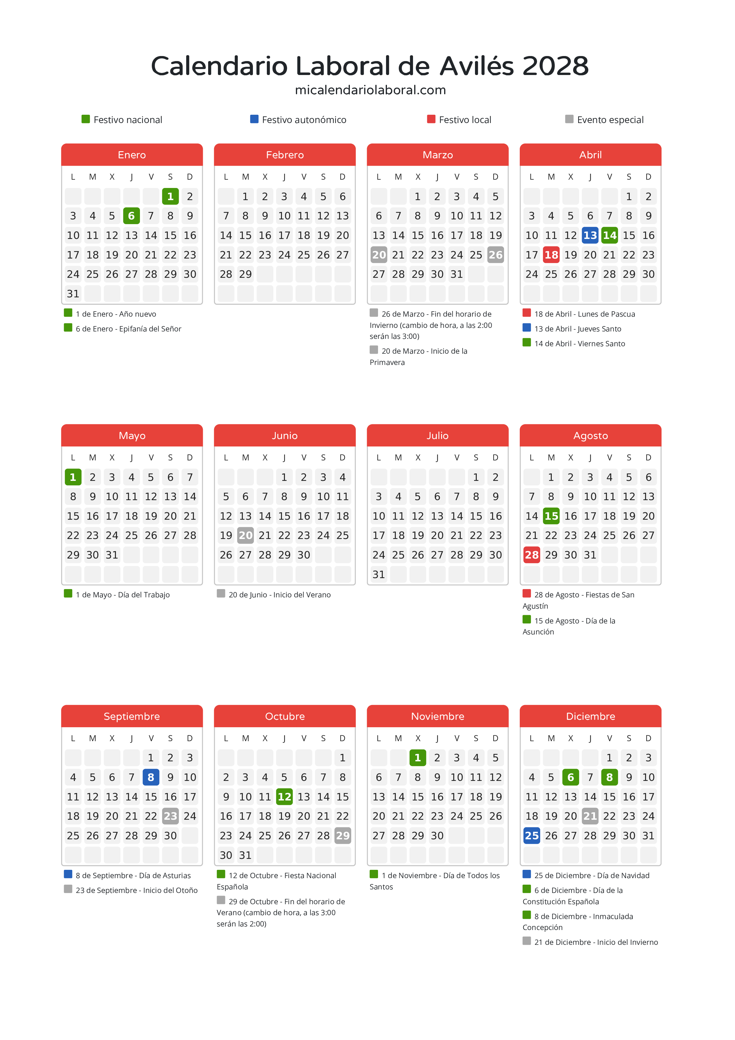 Calendario Laboral de Avilés 2028 - Días festivos - Descubre todos los festivos, días no laborables y días inhábiles en el calendario de Avilés propuestos por Gobierno del Principado de Asturias. Organiza tus vacaciones y puentes en 2028.
