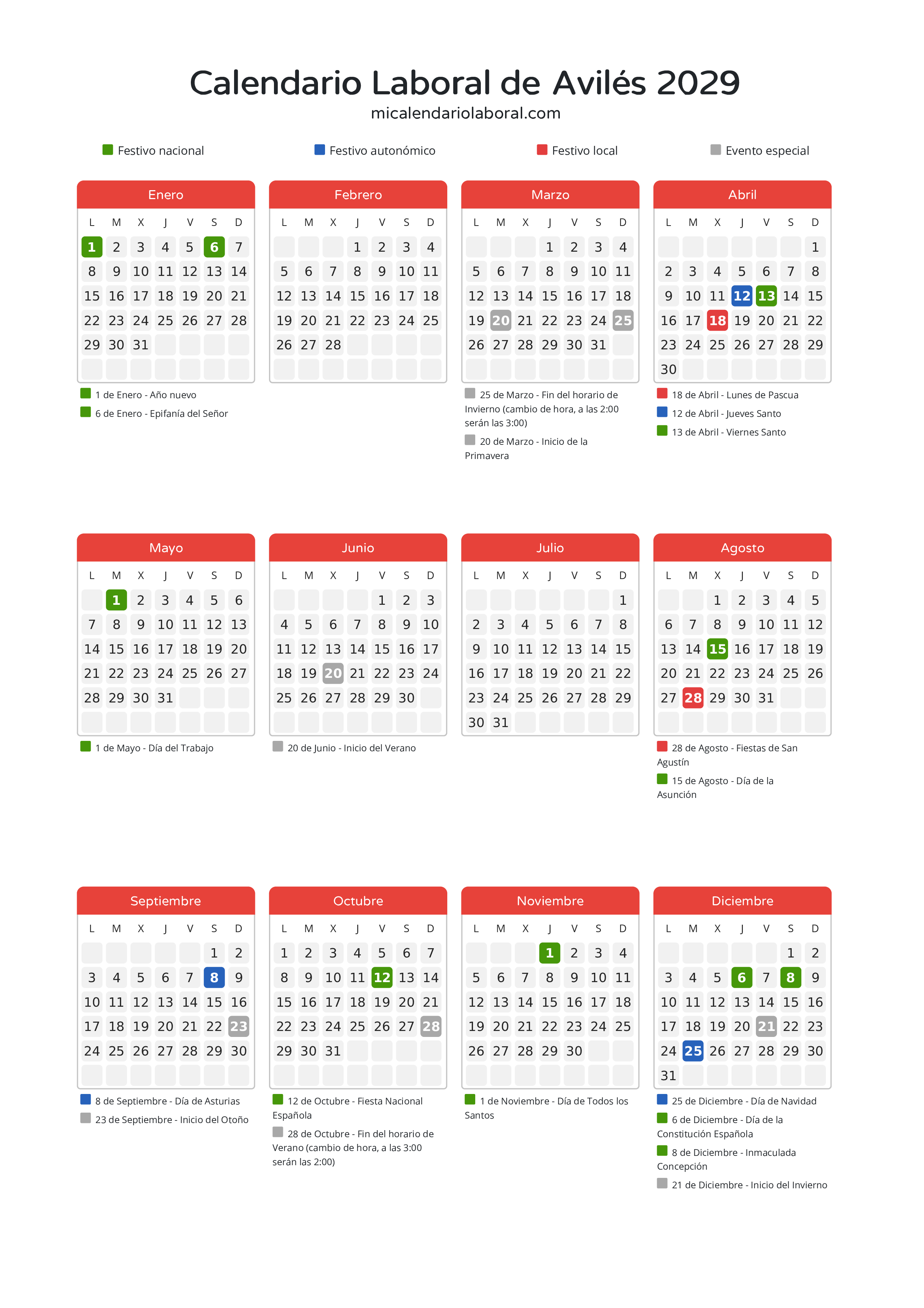 Calendario Laboral de Avilés 2029 - Días festivos - Descubre todos los festivos, días no laborables y días inhábiles en el calendario de Avilés propuestos por Gobierno del Principado de Asturias. Organiza tus vacaciones y puentes en 2029.