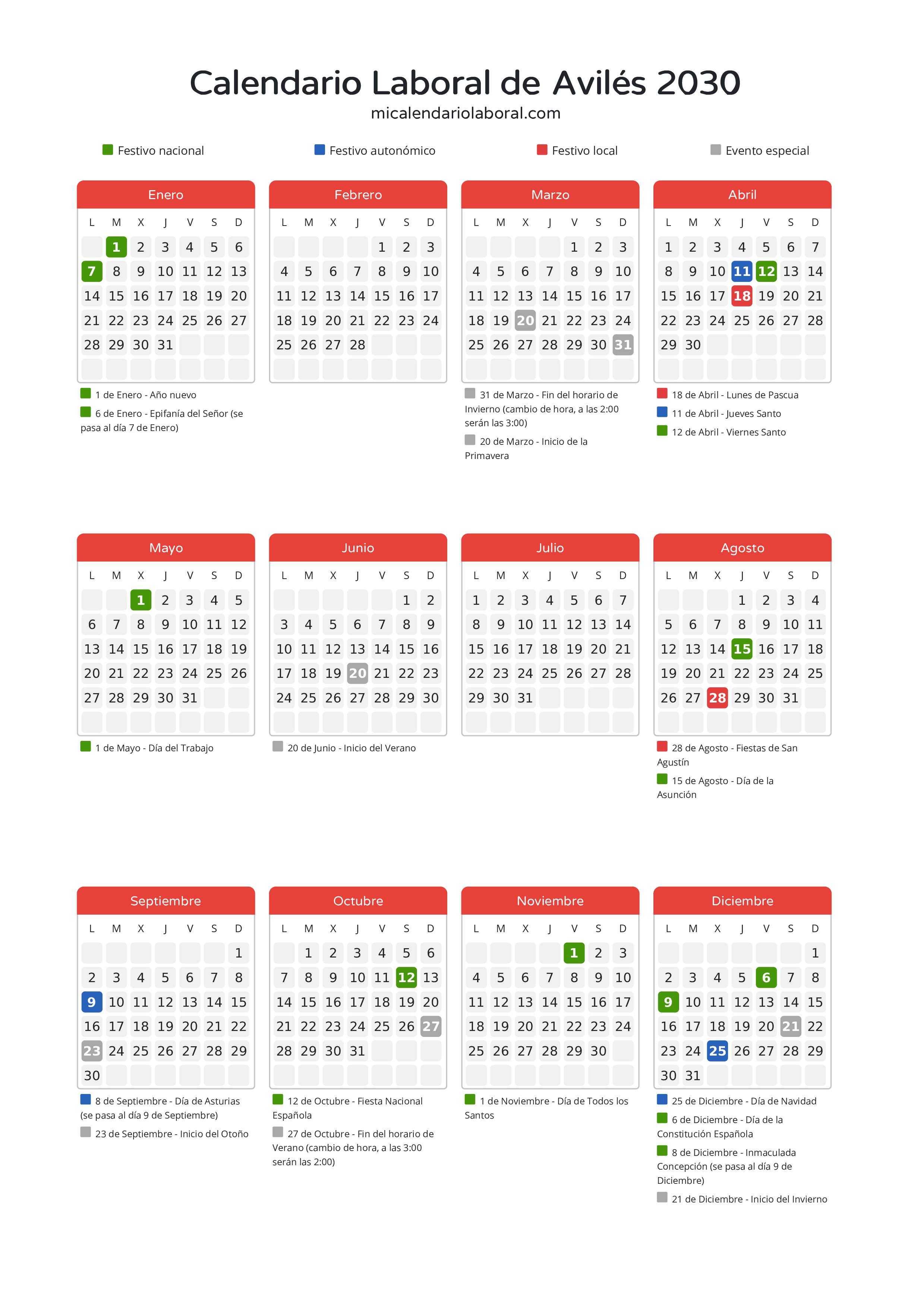 Calendario Laboral de Avilés 2030 - Días festivos - Todos los festivos y días no laborables del calendario de Avilés propuestos por Gobierno del Principado de Asturias. Organiza tus vacaciones y puentes en 2030.