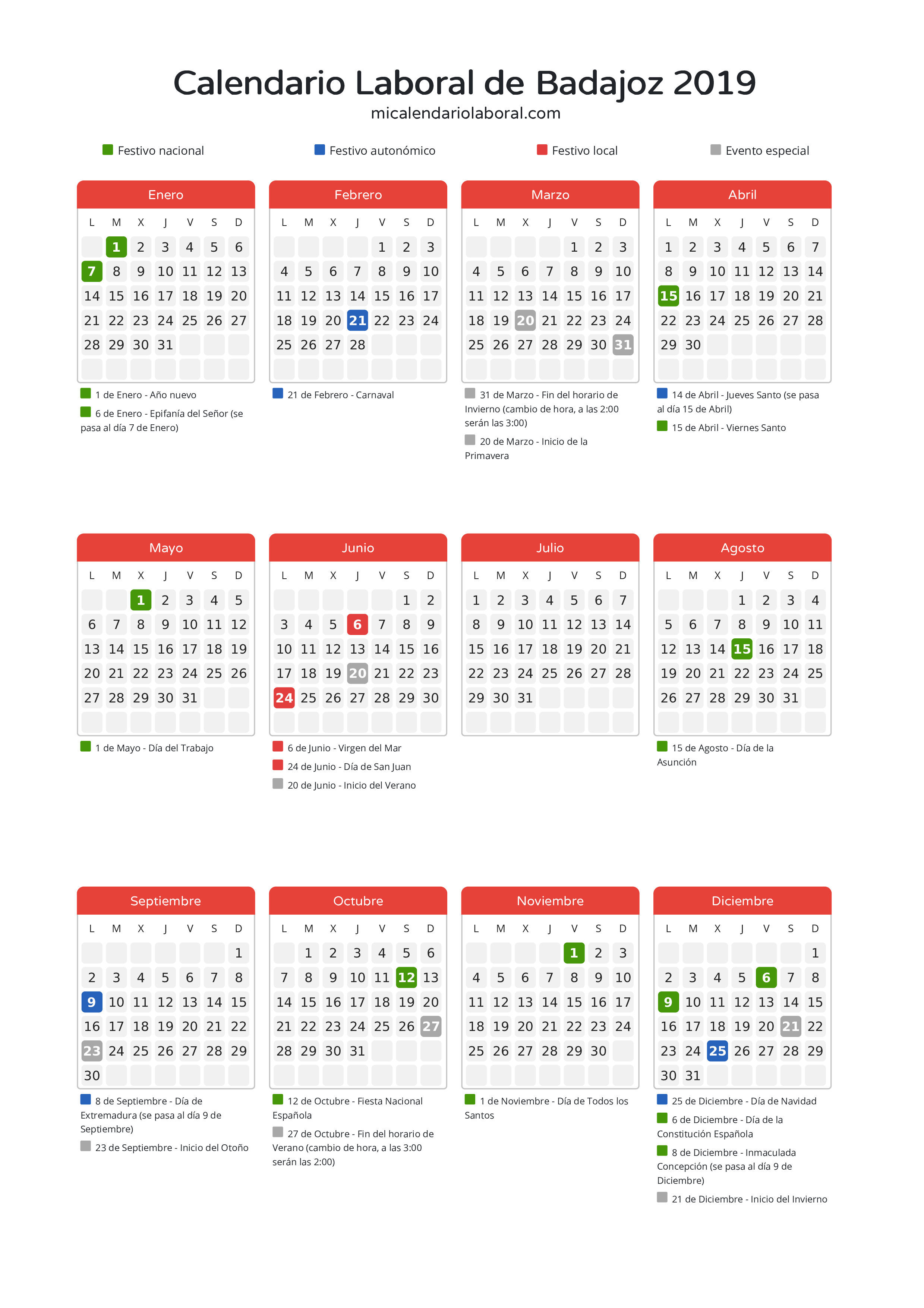Calendario Laboral de Badajoz 2019 - Días festivos - Descubre todos los festivos, días no laborables y días inhábiles en el calendario de Badajoz propuestos por Junta de Extremadura. Organiza tus vacaciones y puentes en 2019.