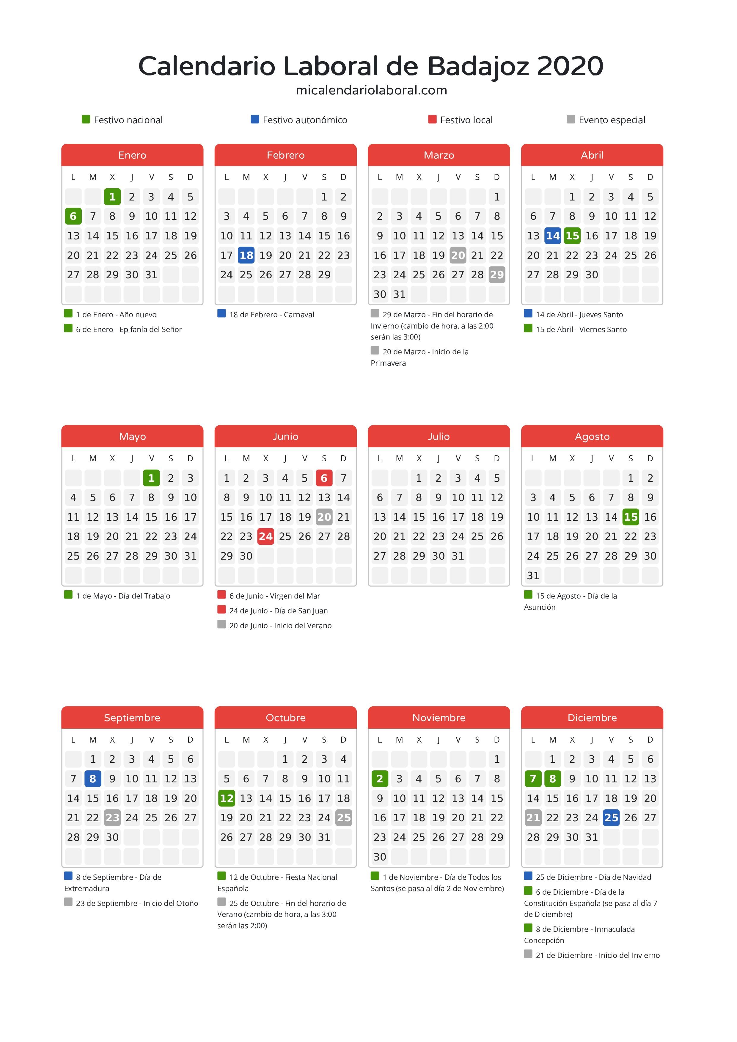 Calendario Laboral de Badajoz 2020 - Días festivos - Descubre todos los festivos, días no laborables y días inhábiles en el calendario de Badajoz propuestos por Junta de Extremadura. Organiza tus vacaciones y puentes en 2020.
