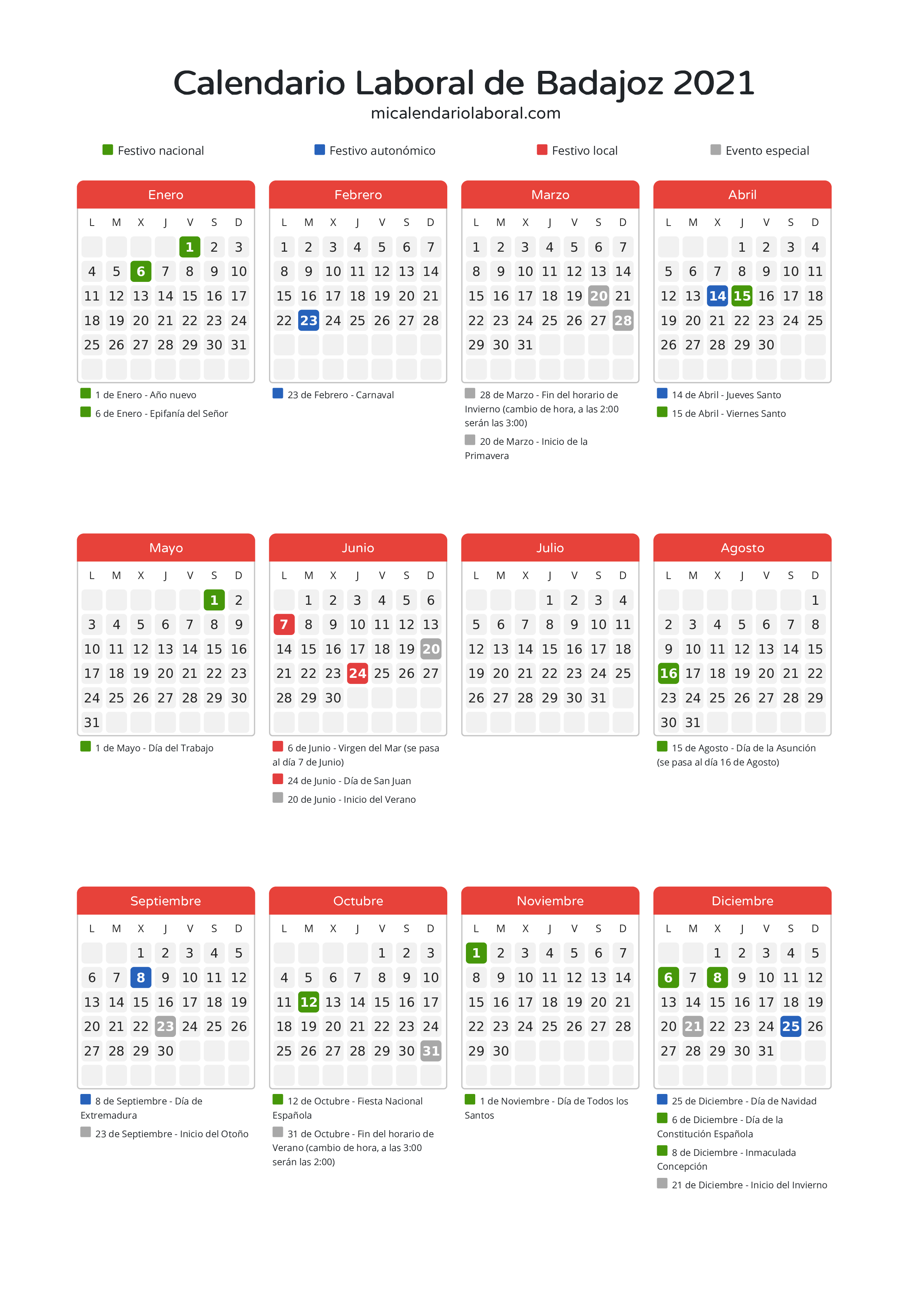 Calendario Laboral de Badajoz 2021 - Días festivos - Descubre todos los festivos, días no laborables y días inhábiles en el calendario de Badajoz propuestos por Junta de Extremadura. Organiza tus vacaciones y puentes en 2021.