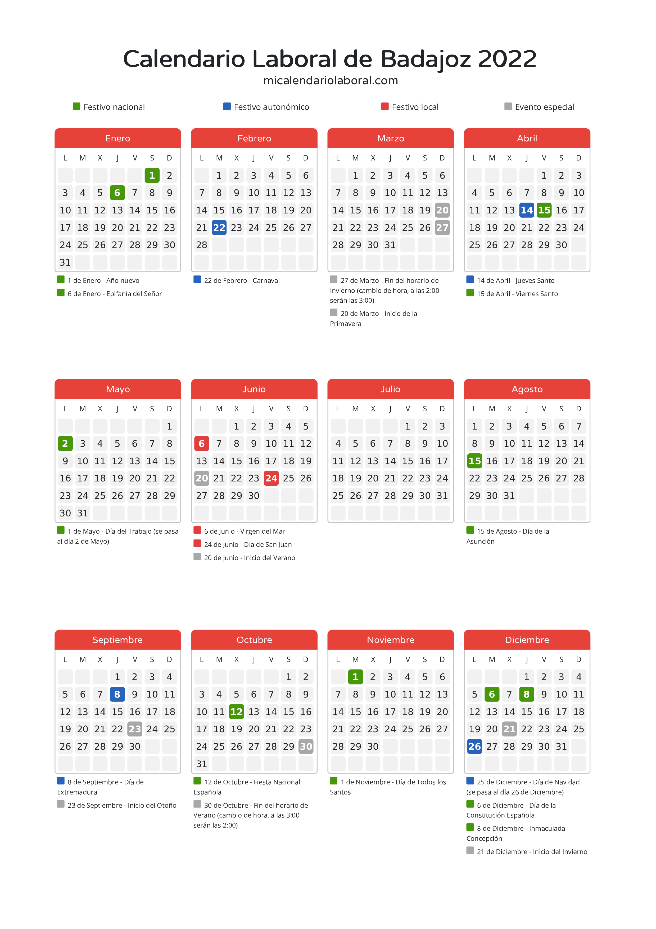 Calendario Laboral de Badajoz 2022 - Días festivos - Descubre todos los festivos, días no laborables y días inhábiles en el calendario de Badajoz propuestos por Junta de Extremadura. Organiza tus vacaciones y puentes en 2022.