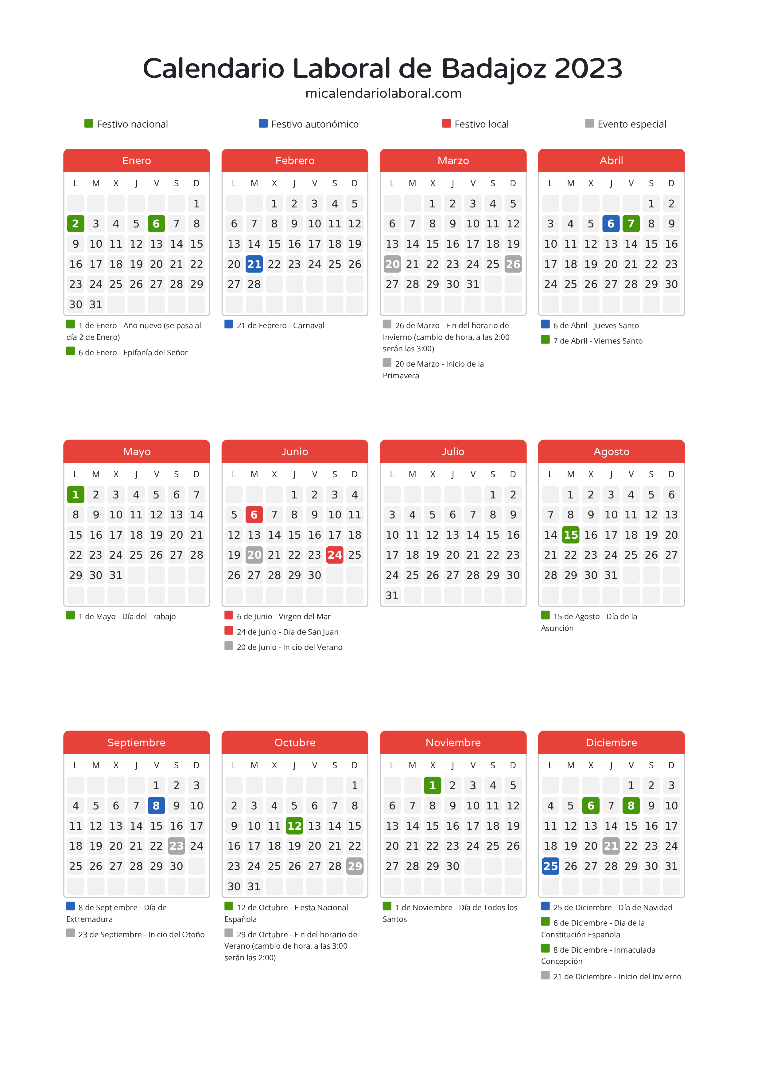 Calendario Laboral de Badajoz 2023 - Días festivos - Aquí tienes todos los días festivos, no laborables y días inhábiles de la provincia del calendario de Badajoz del año 2023