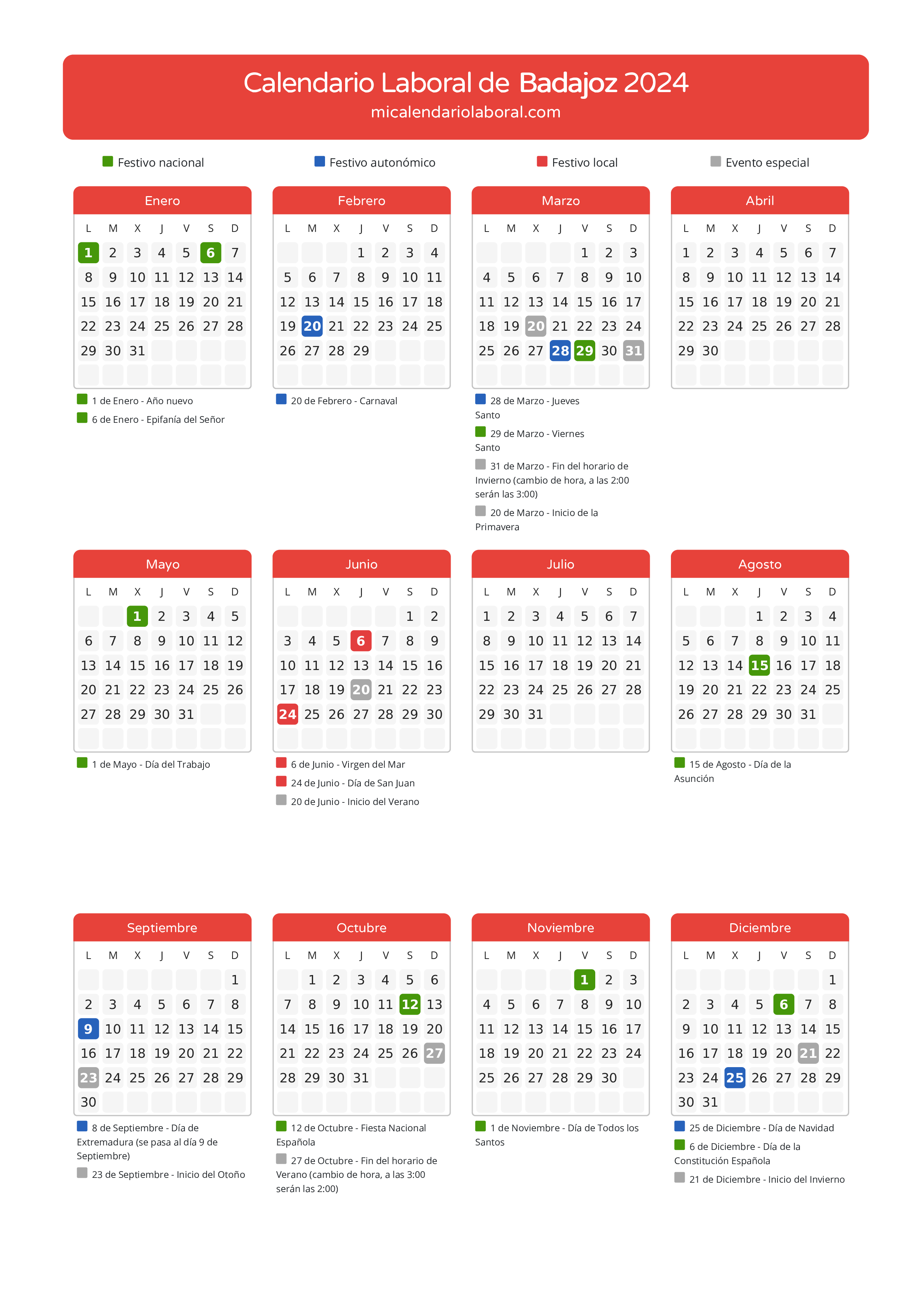 Calendario Laboral de Badajoz 2024 - Días festivos - Aquí tienes todos los días festivos, no laborables y días inhábiles de la provincia del calendario de Badajoz del año 2024