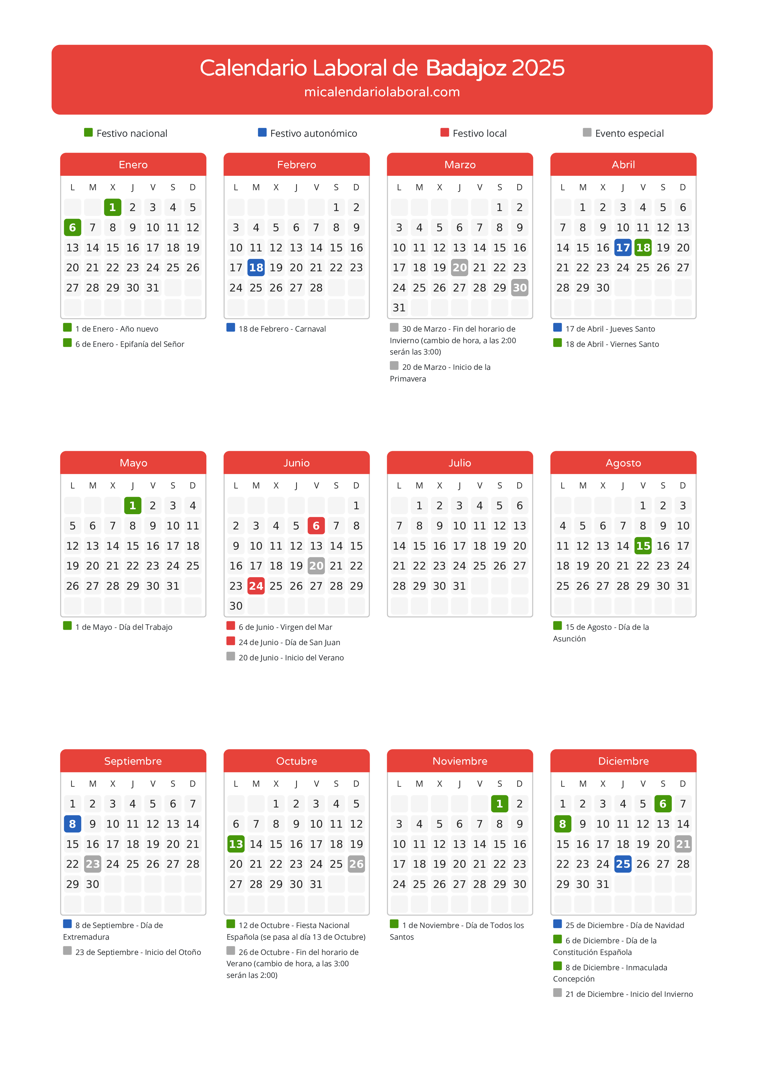 Calendario Laboral de Badajoz 2025 - Días festivos - Aquí tienes todos los días festivos, no laborables y días inhábiles de la provincia del calendario de Badajoz del año 2025