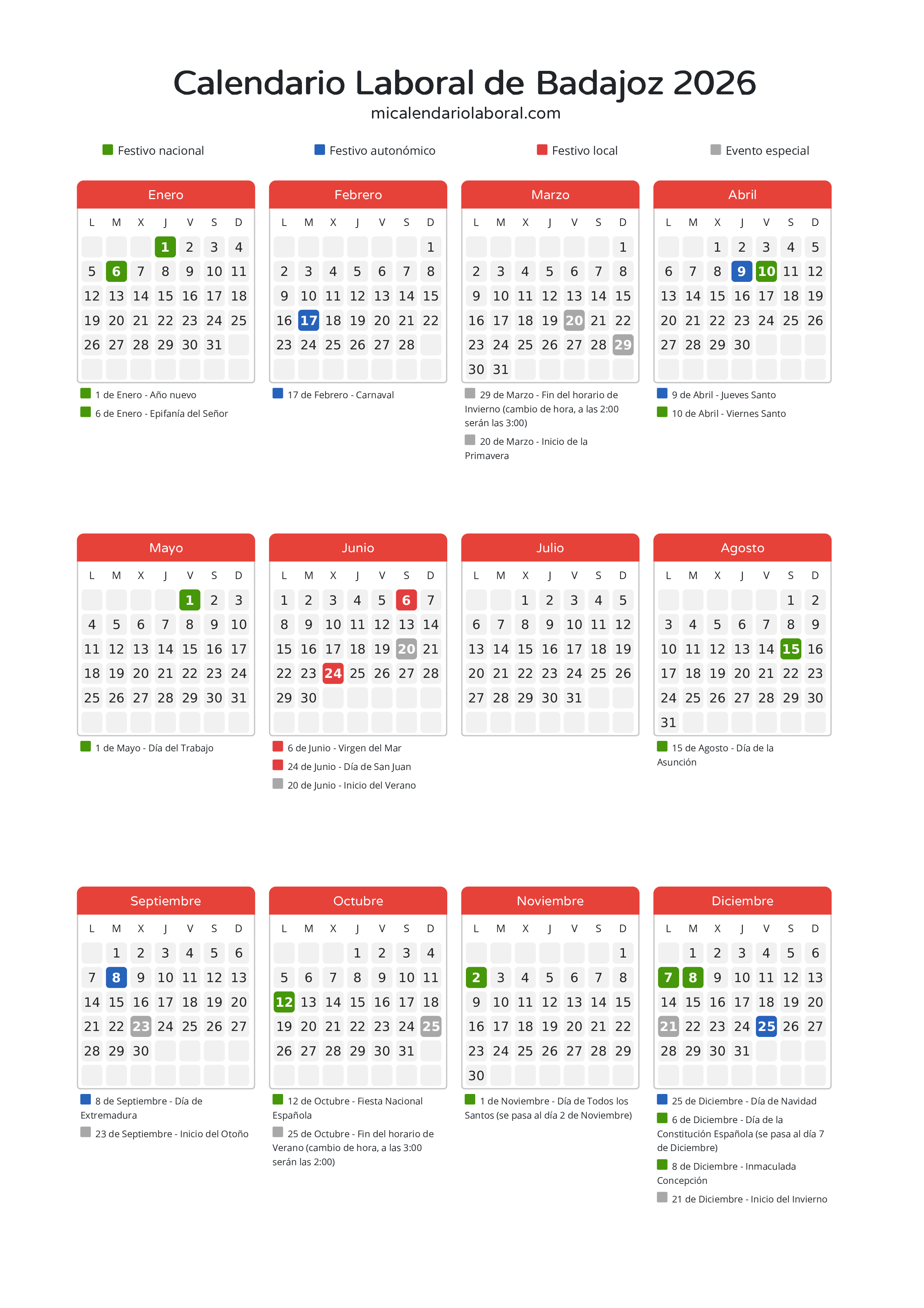 Calendario Laboral de Badajoz 2026 - Días festivos - Descubre todos los festivos, días no laborables y días inhábiles en el calendario de Badajoz propuestos por Junta de Extremadura. Organiza tus vacaciones y puentes en 2026.
