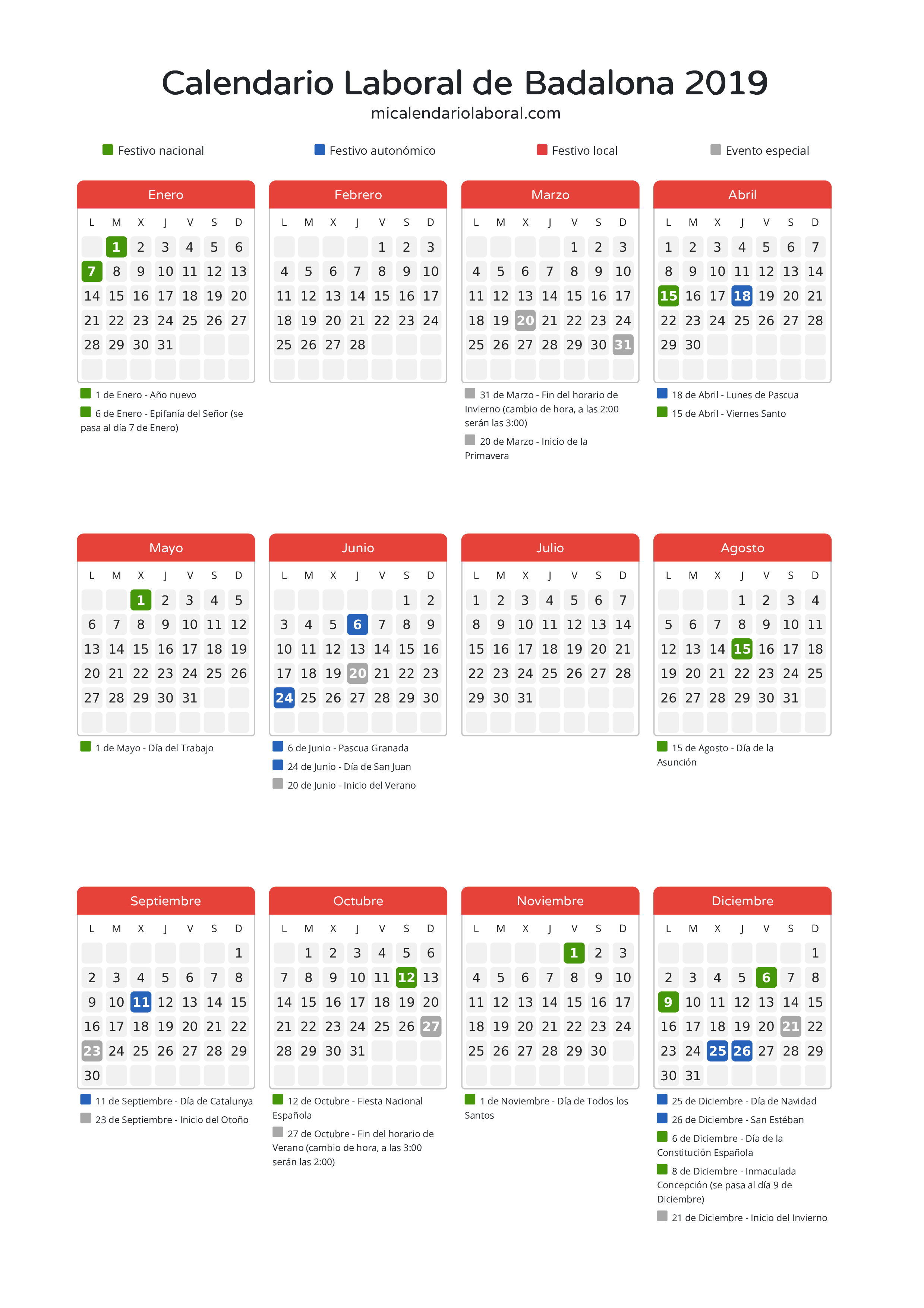 Calendario Laboral de Badalona 2019 - Días festivos - Descubre todos los festivos, días no laborables y días inhábiles en el calendario de Badalona propuestos por Generalitat de Catalunya. Organiza tus vacaciones y puentes en 2019.