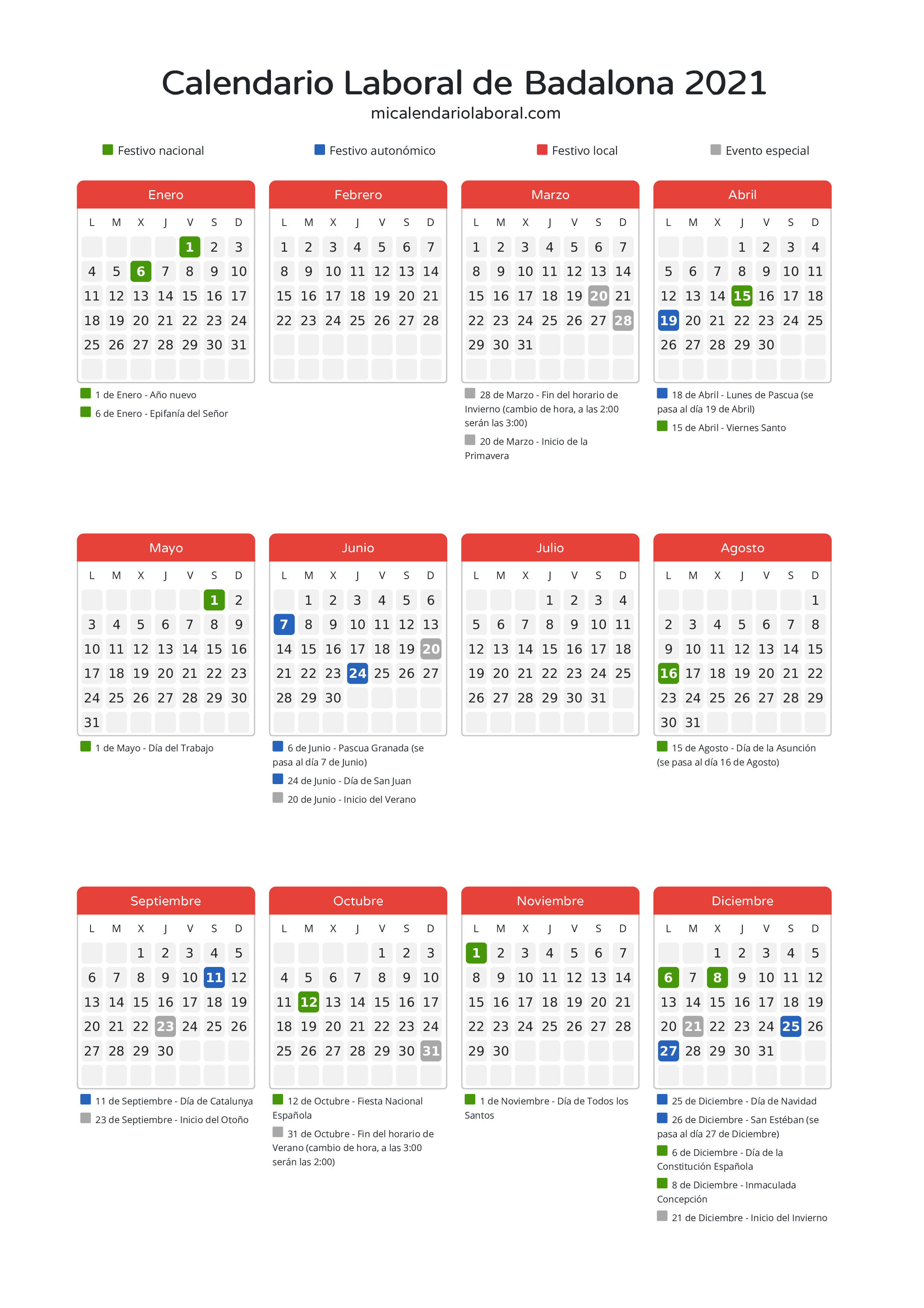 Calendario Laboral de Badalona 2021 - Días festivos - Descubre todos los festivos, días no laborables y días inhábiles en el calendario de Badalona propuestos por Generalitat de Catalunya. Organiza tus vacaciones y puentes en 2021.