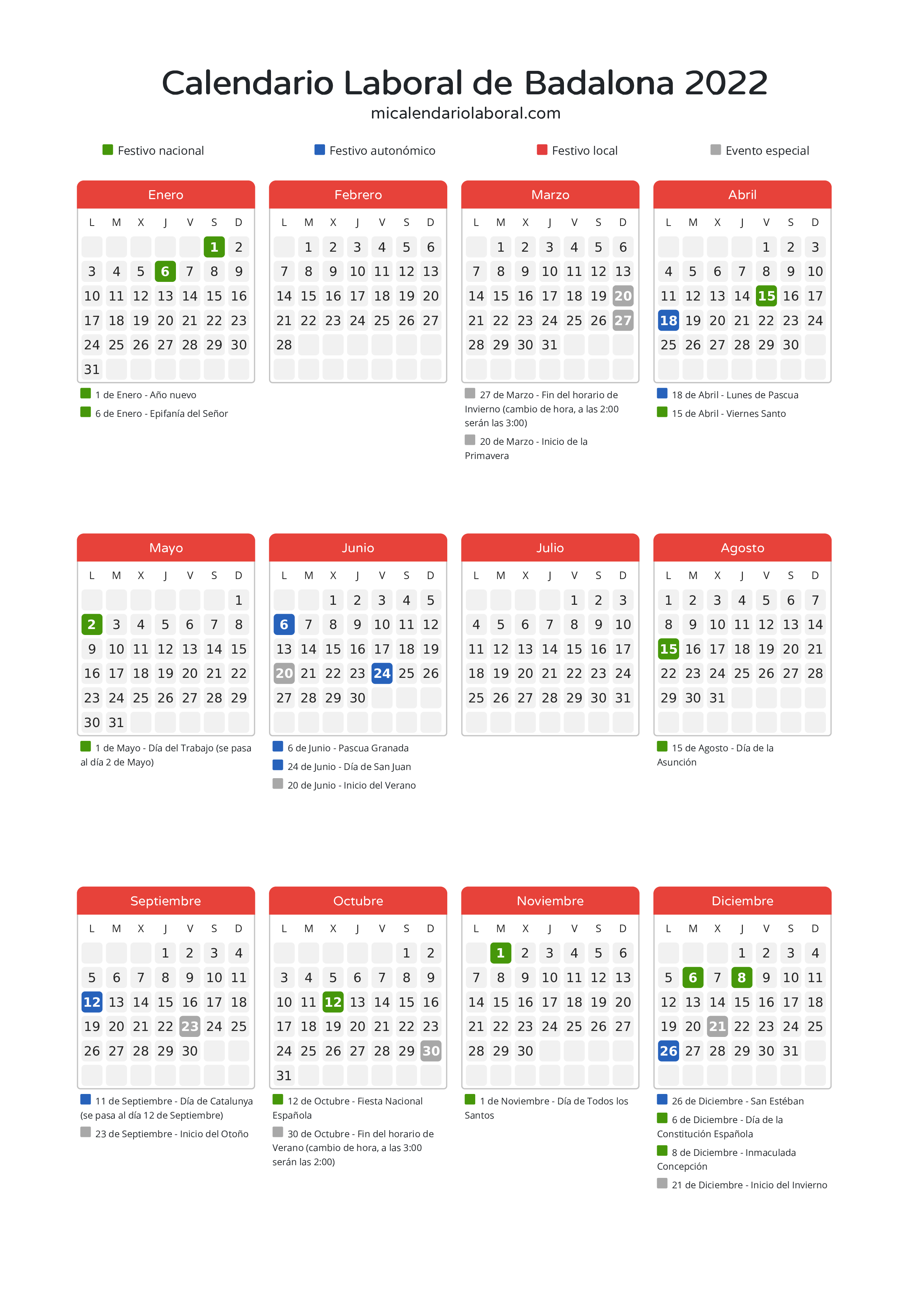 Calendario Laboral de Badalona 2022 - Días festivos - Descubre todos los festivos, días no laborables y días inhábiles en el calendario de Badalona propuestos por Generalitat de Catalunya. Organiza tus vacaciones y puentes en 2022.
