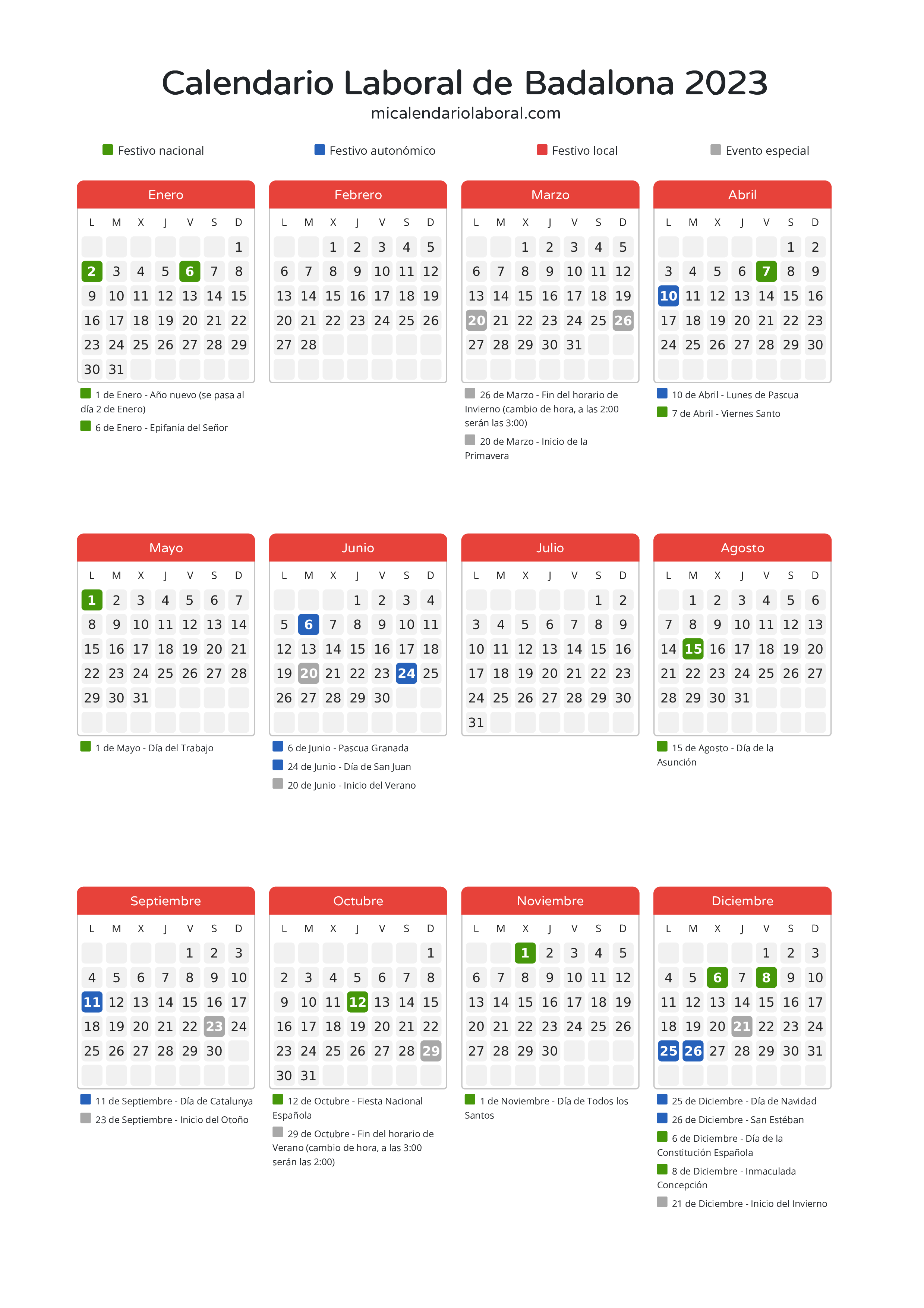 Calendario Laboral de Badalona 2023 - Días festivos - Aquí tienes todos los días festivos, no laborables y días inhábiles de la provincia del calendario de Badalona del año 2023