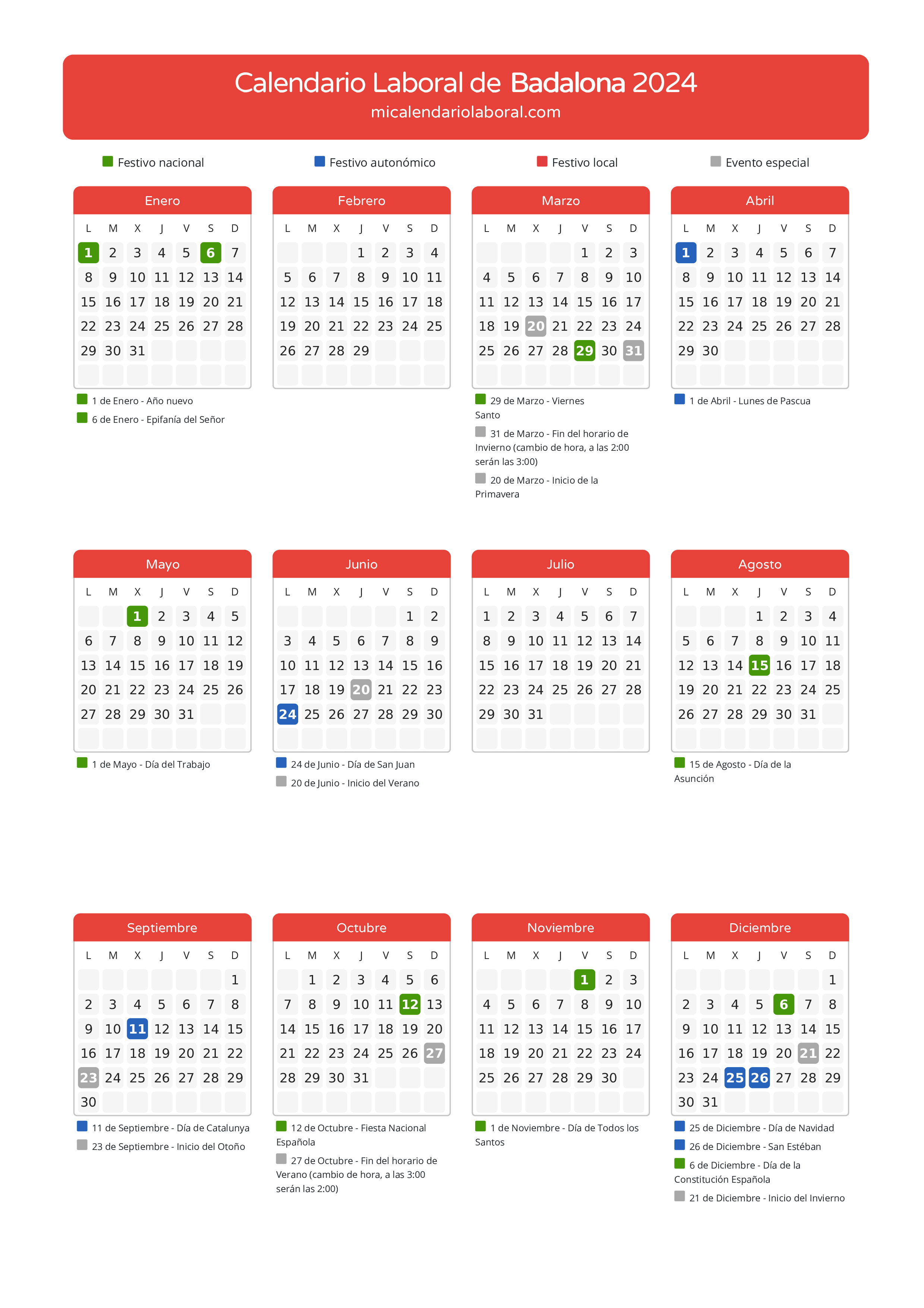 Calendario Laboral de Badalona 2024 - Días festivos - Aquí tienes todos los días festivos, no laborables y días inhábiles de la provincia del calendario de Badalona del año 2024