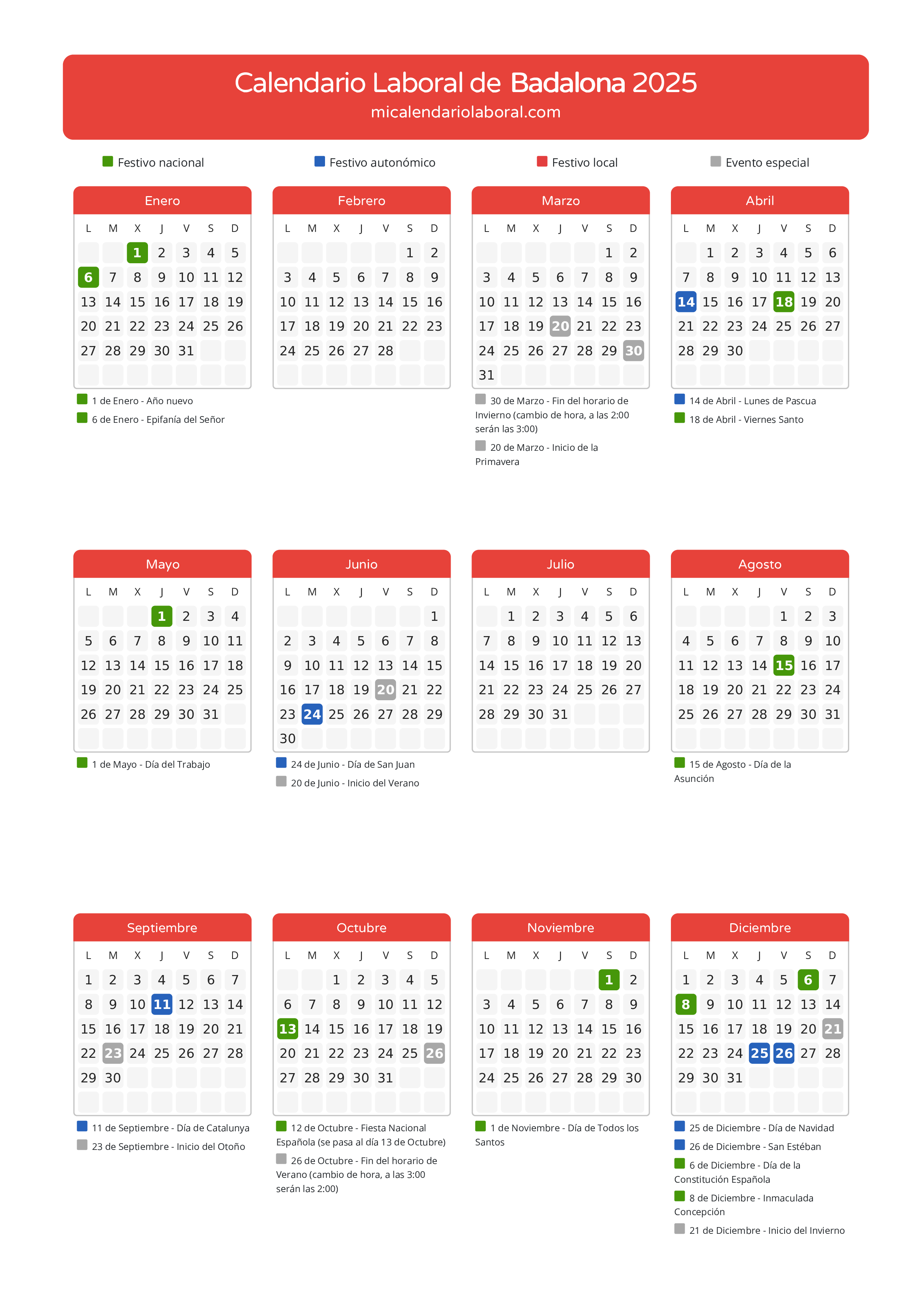 Calendario Laboral de Badalona 2025 - Días festivos - Aquí tienes todos los días festivos, no laborables y días inhábiles de la provincia del calendario de Badalona del año 2025