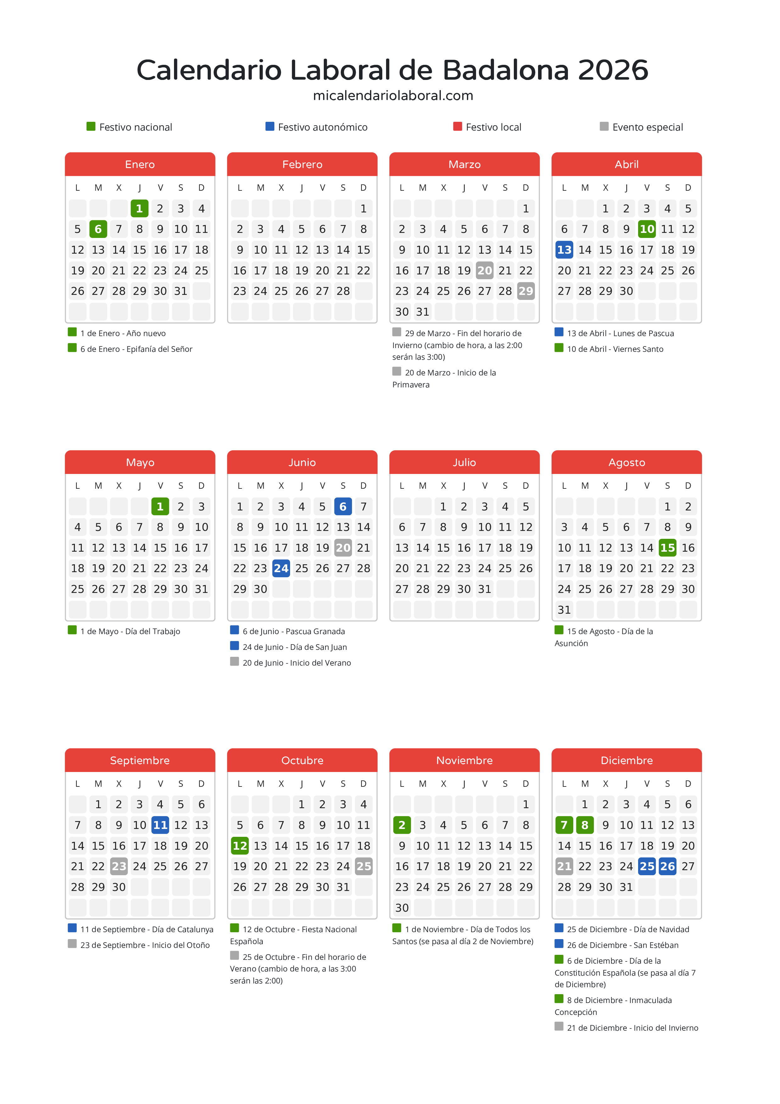 Calendario Laboral de Badalona 2026 - Días festivos - Descubre todos los festivos, días no laborables y días inhábiles en el calendario de Badalona propuestos por Generalitat de Catalunya. Organiza tus vacaciones y puentes en 2026.