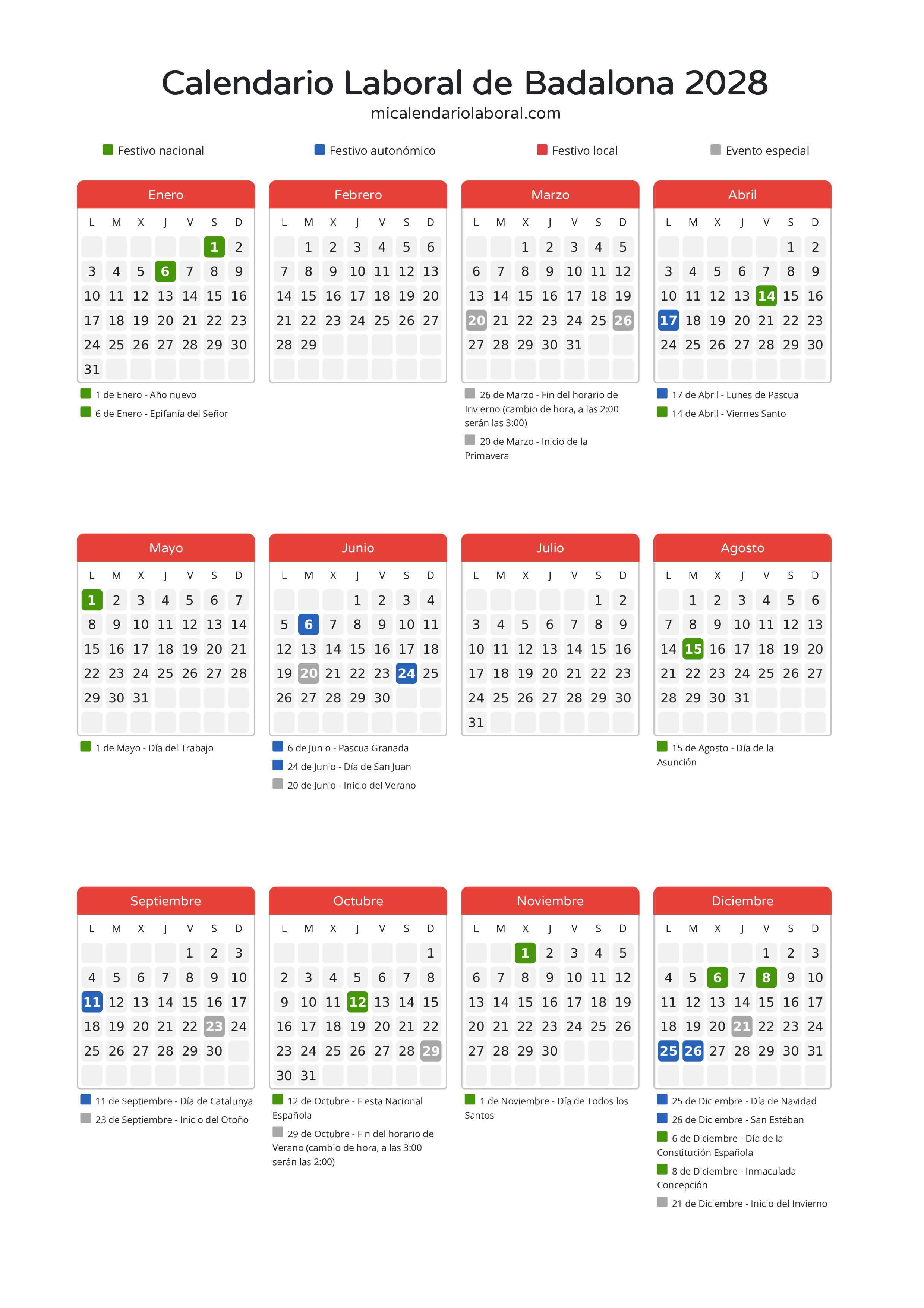 Calendario Laboral de Badalona 2028 - Días festivos - Descubre todos los festivos, días no laborables y días inhábiles en el calendario de Badalona propuestos por Generalitat de Catalunya. Organiza tus vacaciones y puentes en 2028.