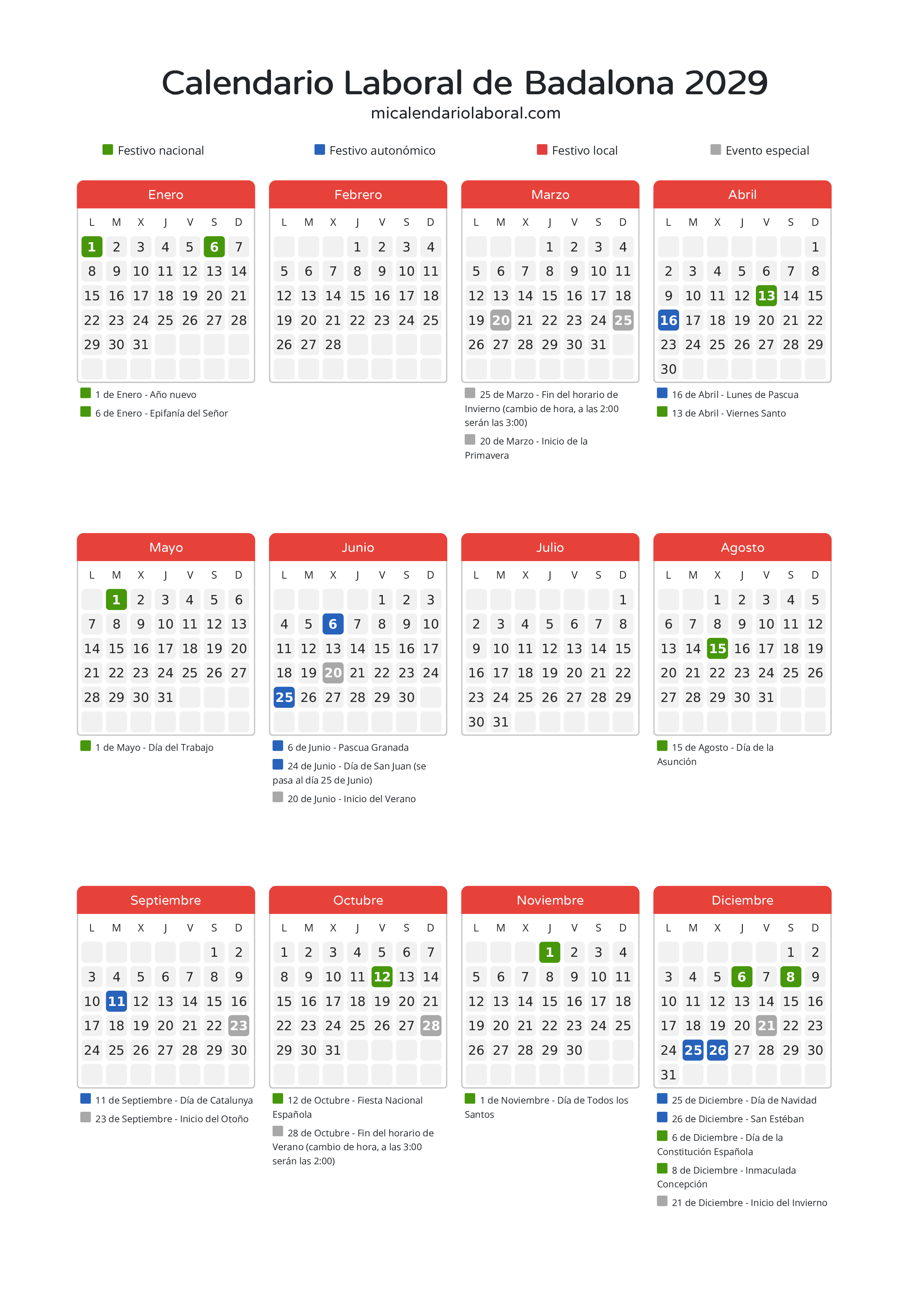 Calendario Laboral de Badalona 2029 - Días festivos - Descubre todos los festivos, días no laborables y días inhábiles en el calendario de Badalona propuestos por Generalitat de Catalunya. Organiza tus vacaciones y puentes en 2029.