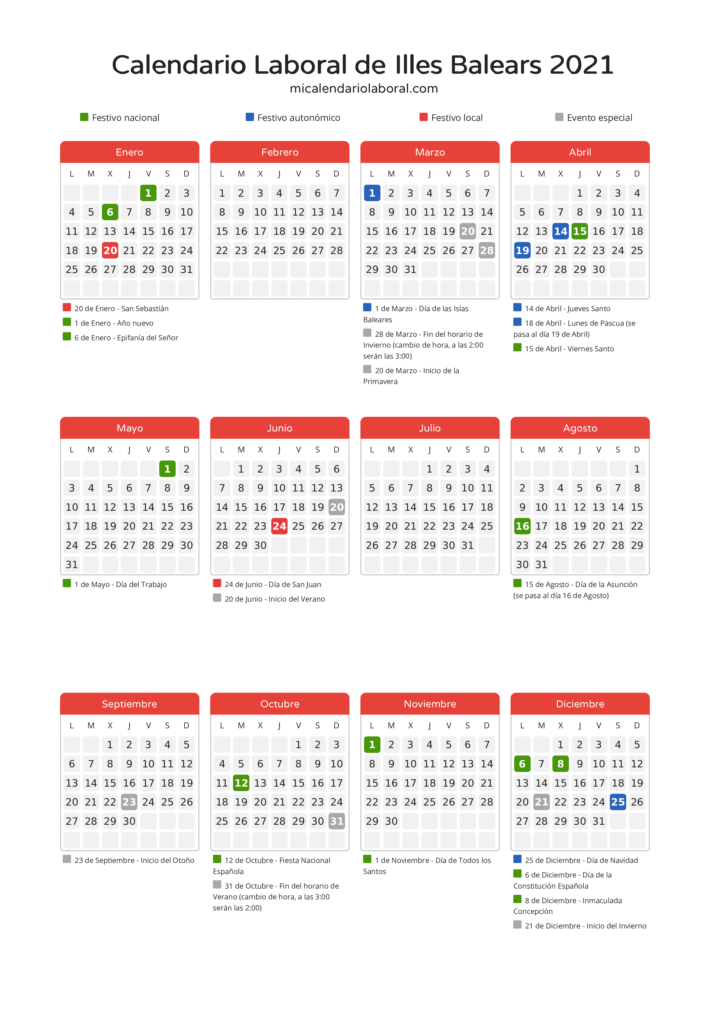 Calendario Laboral de Illes Balears 2021 - Días festivos - Descubre todos los festivos, días no laborables y días inhábiles en el calendario de Illes Balears propuestos por Govern de les Illes Balears. Organiza tus vacaciones y puentes en 2021.