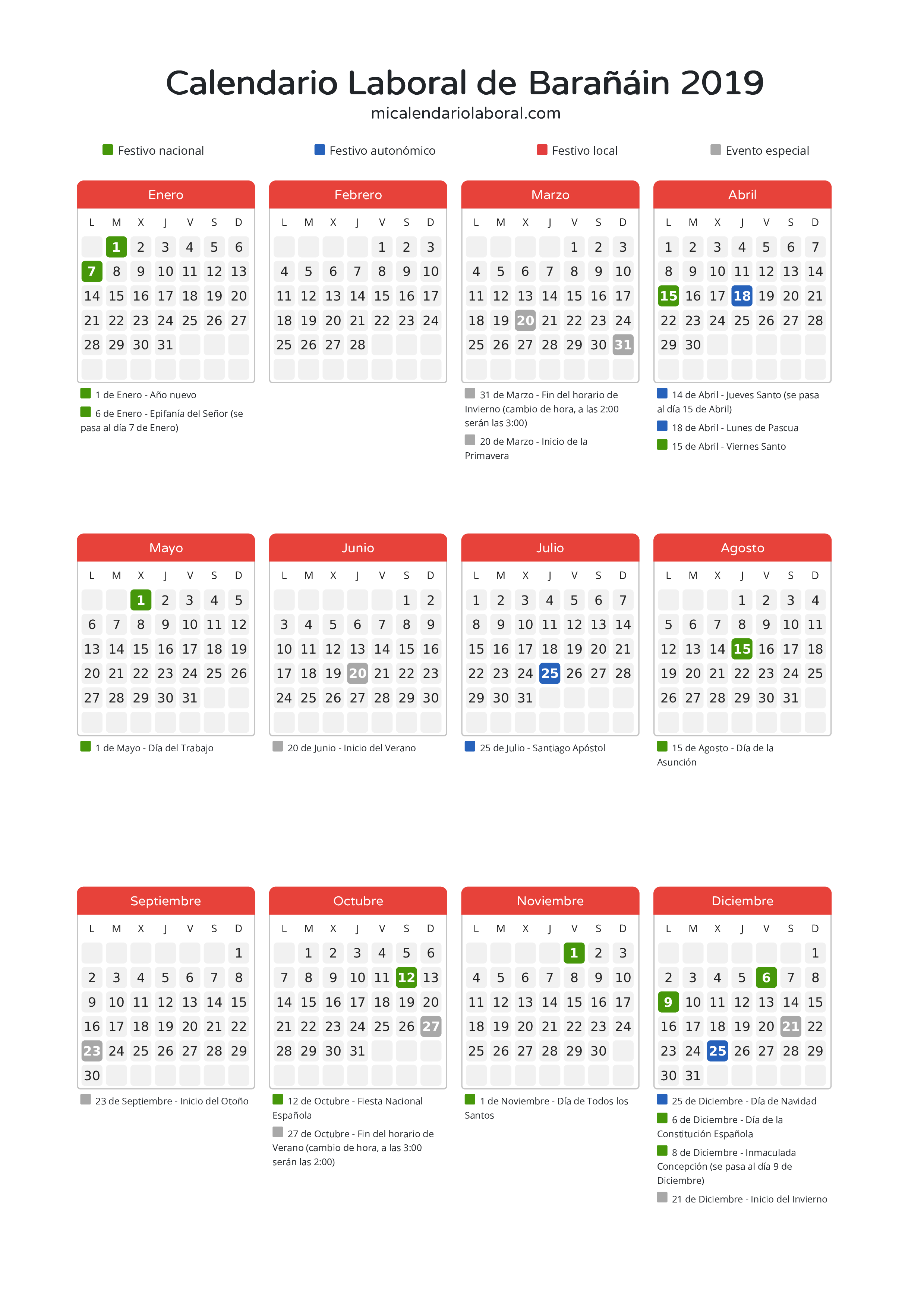 Calendario Laboral de Barañáin 2019 - Días festivos - Descubre todos los festivos, días no laborables y días inhábiles en el calendario de Barañáin propuestos por Gobierno de Navarra. Organiza tus vacaciones y puentes en 2019.