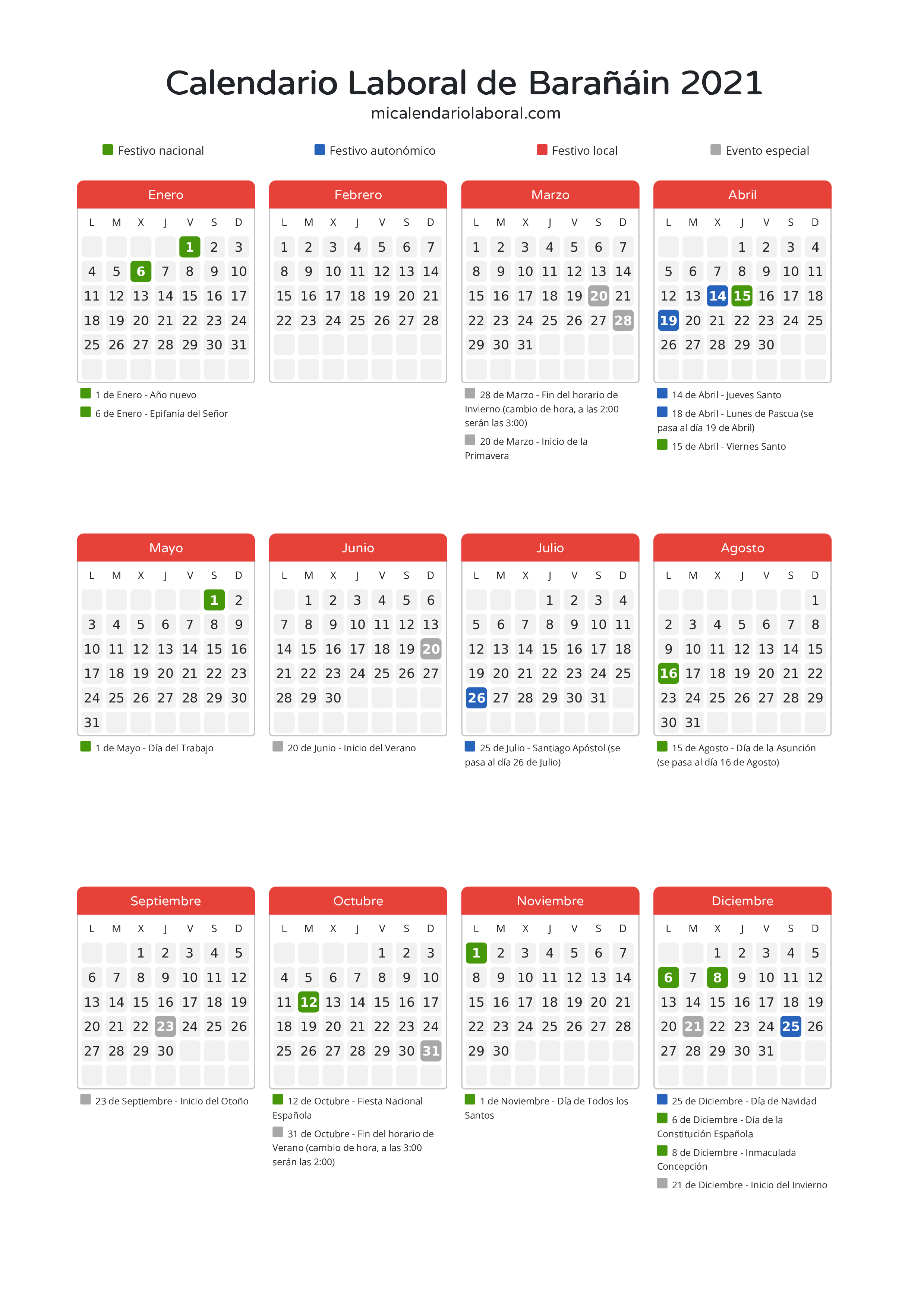 Calendario Laboral de Barañáin 2021 - Días festivos - Descubre todos los festivos, días no laborables y días inhábiles en el calendario de Barañáin propuestos por Gobierno de Navarra. Organiza tus vacaciones y puentes en 2021.