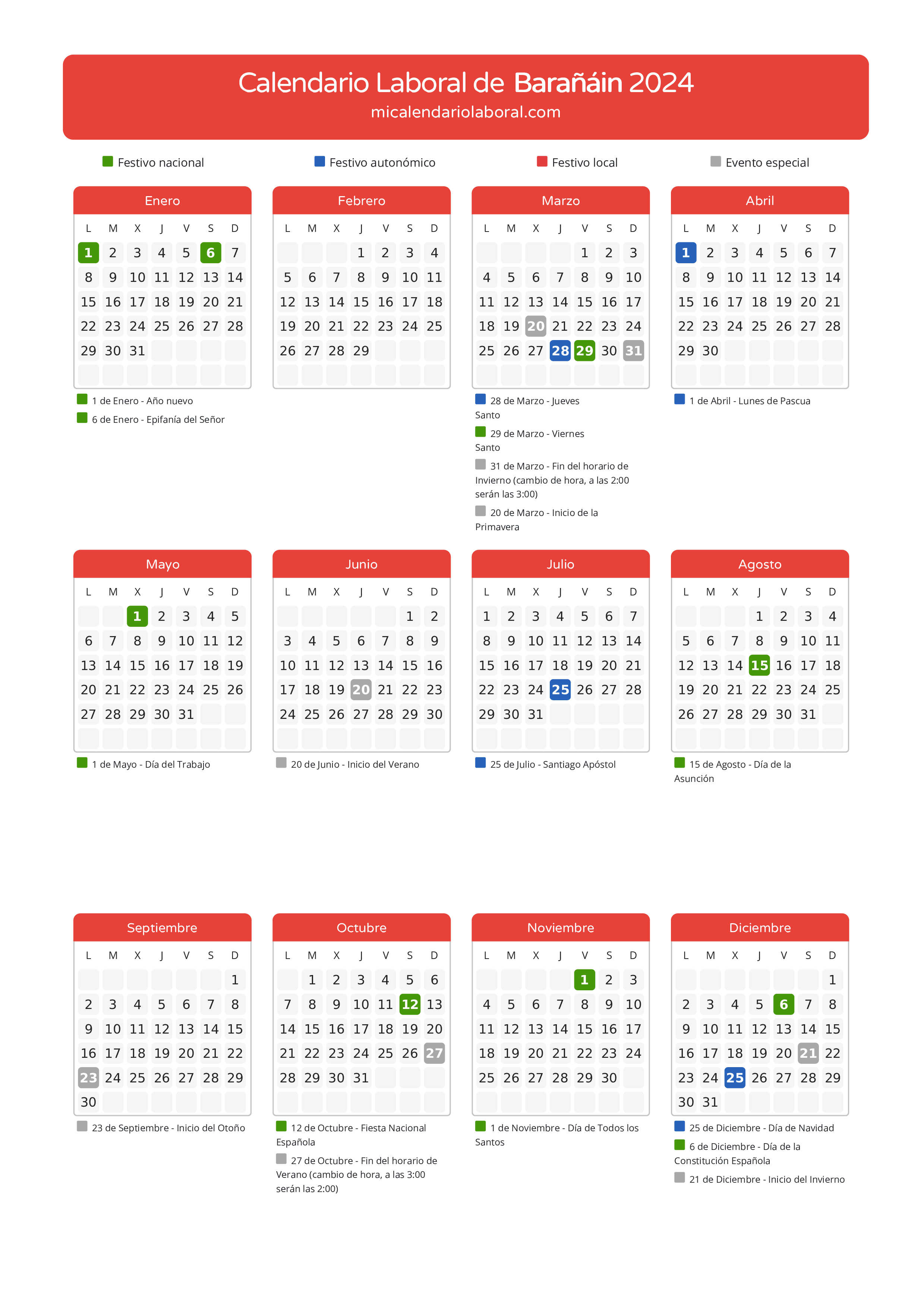 Calendario Laboral de Barañáin 2024 - Días festivos - Descubre todos los festivos, días no laborables y días inhábiles en el calendario de la provincia de Barañáin propuestos por Gobierno de Navarra. Anticípate a los eventos y organiza tus vacaciones y puentes en 2024.