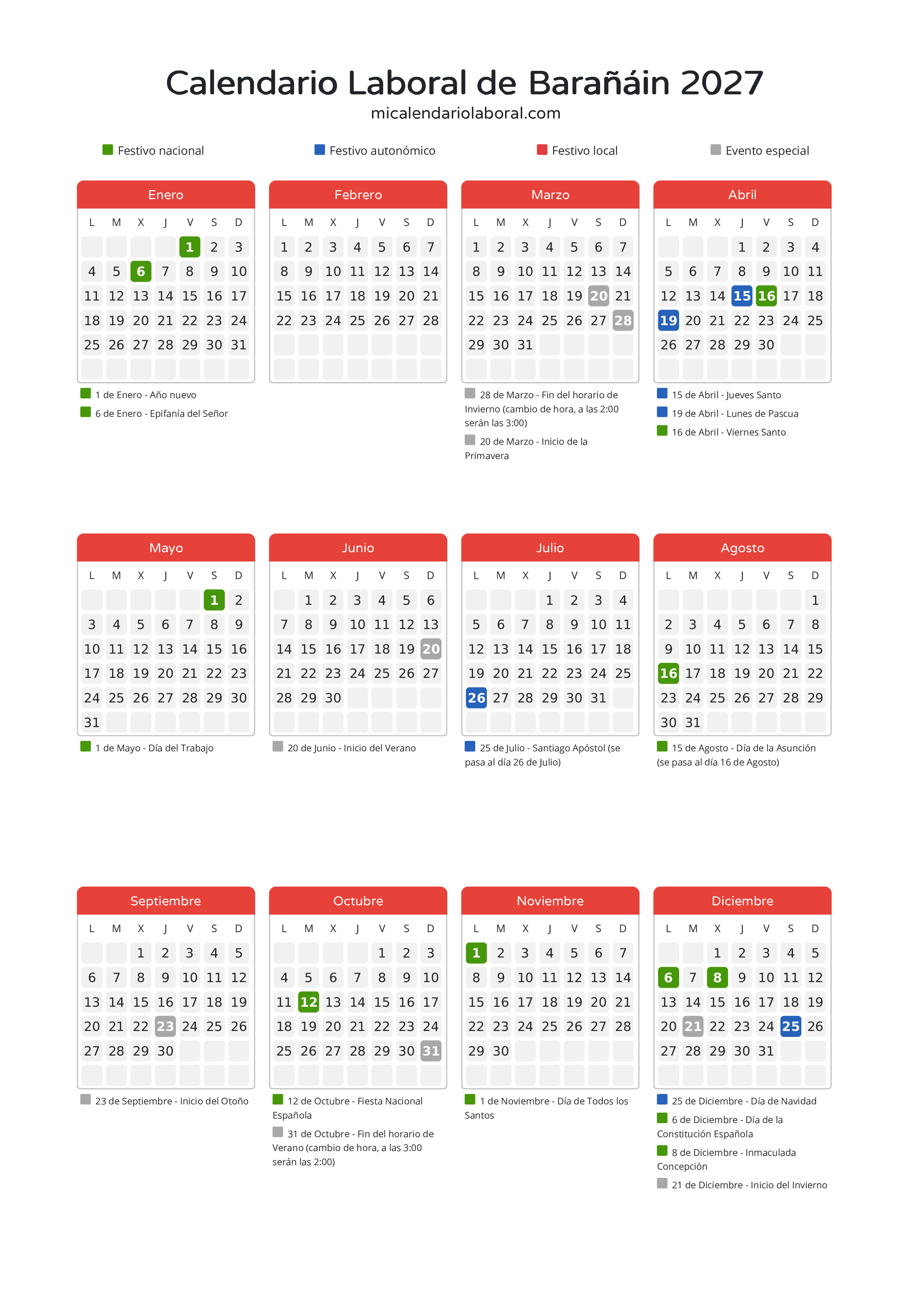 Calendario Laboral de Barañáin 2027 - Días festivos - Todos los festivos y días no laborables del calendario de Barañáin propuestos por Gobierno de Navarra. Organiza tus vacaciones y puentes en 2027.