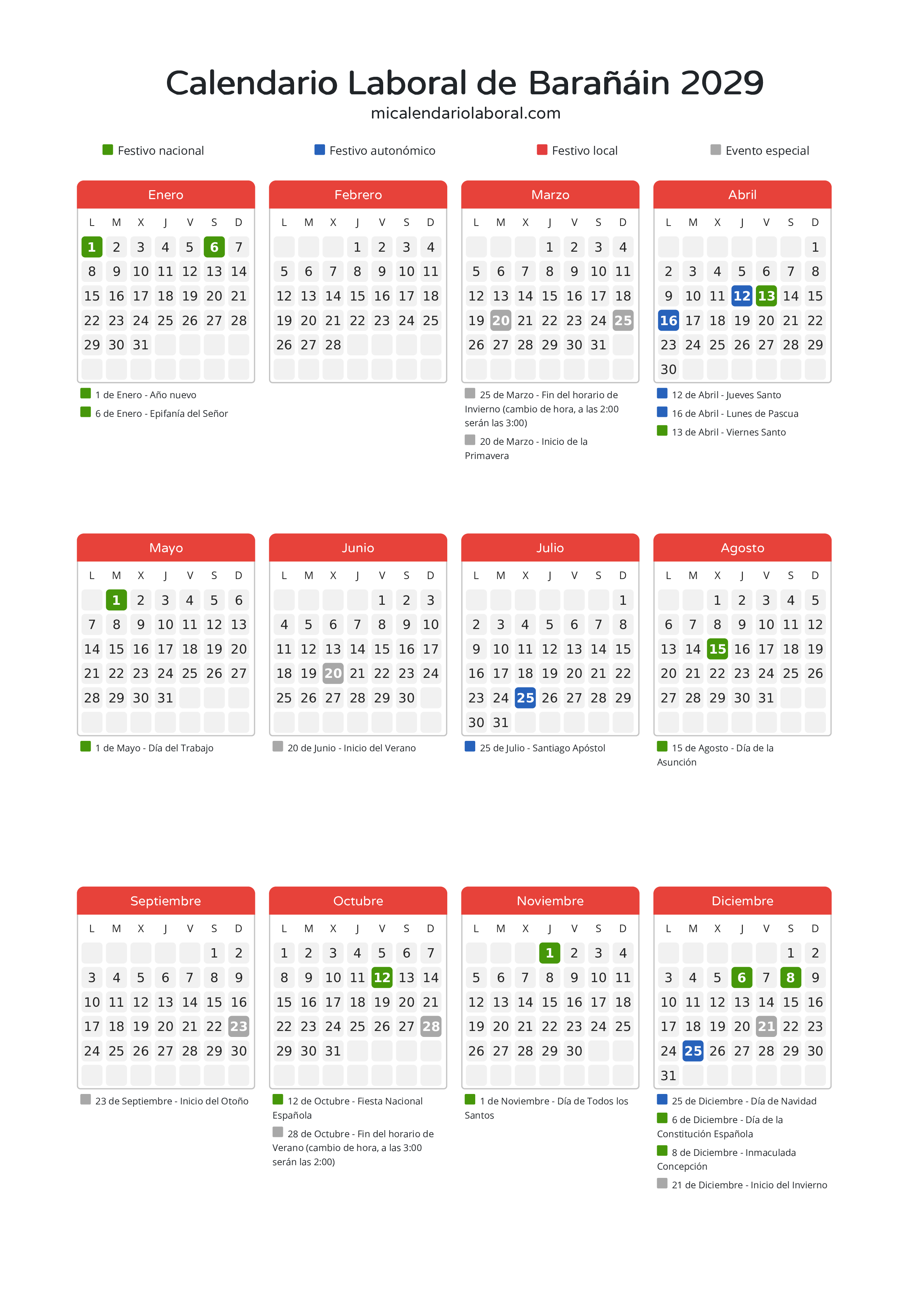 Calendario Laboral de Barañáin 2029 - Días festivos - Descubre todos los festivos, días no laborables y días inhábiles en el calendario de Barañáin propuestos por Gobierno de Navarra. Organiza tus vacaciones y puentes en 2029.