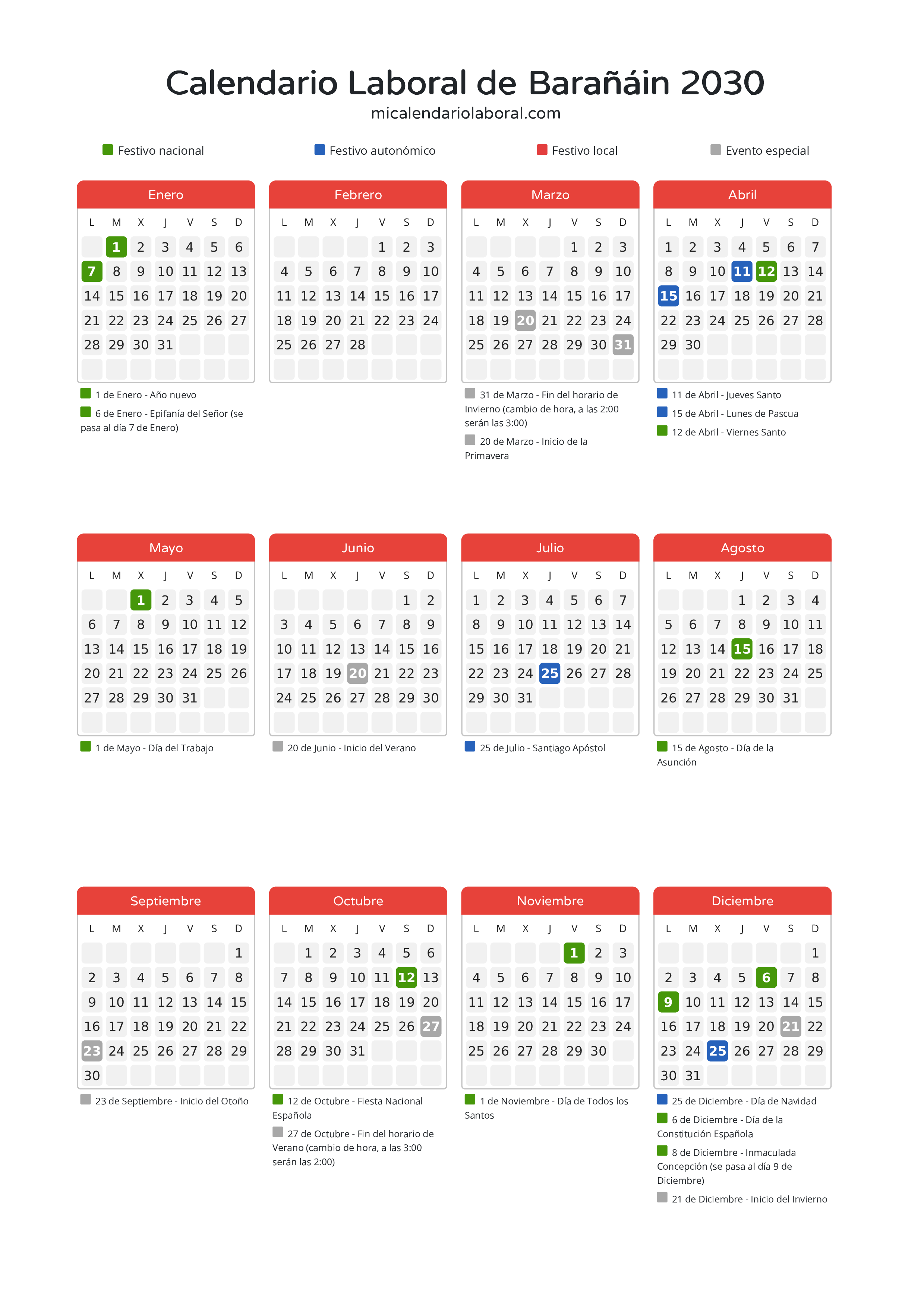 Calendario Laboral de Barañáin 2030 - Días festivos - Todos los festivos y días no laborables del calendario de Barañáin propuestos por Gobierno de Navarra. Organiza tus vacaciones y puentes en 2030.