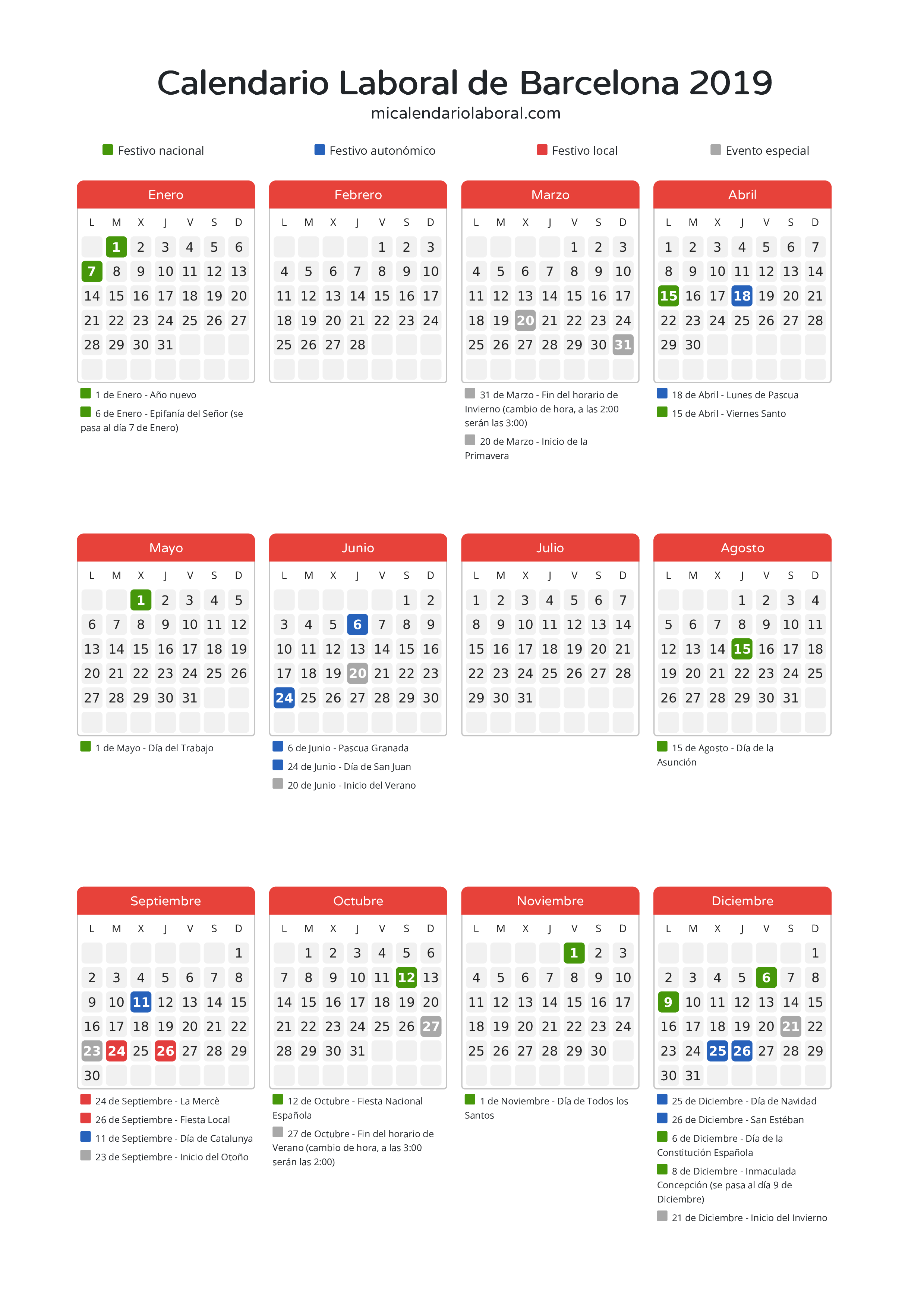 Calendario Laboral de Barcelona 2019 - Días festivos - Descubre todos los festivos, días no laborables y días inhábiles en el calendario de Barcelona propuestos por Generalitat de Catalunya. Organiza tus vacaciones y puentes en 2019.
