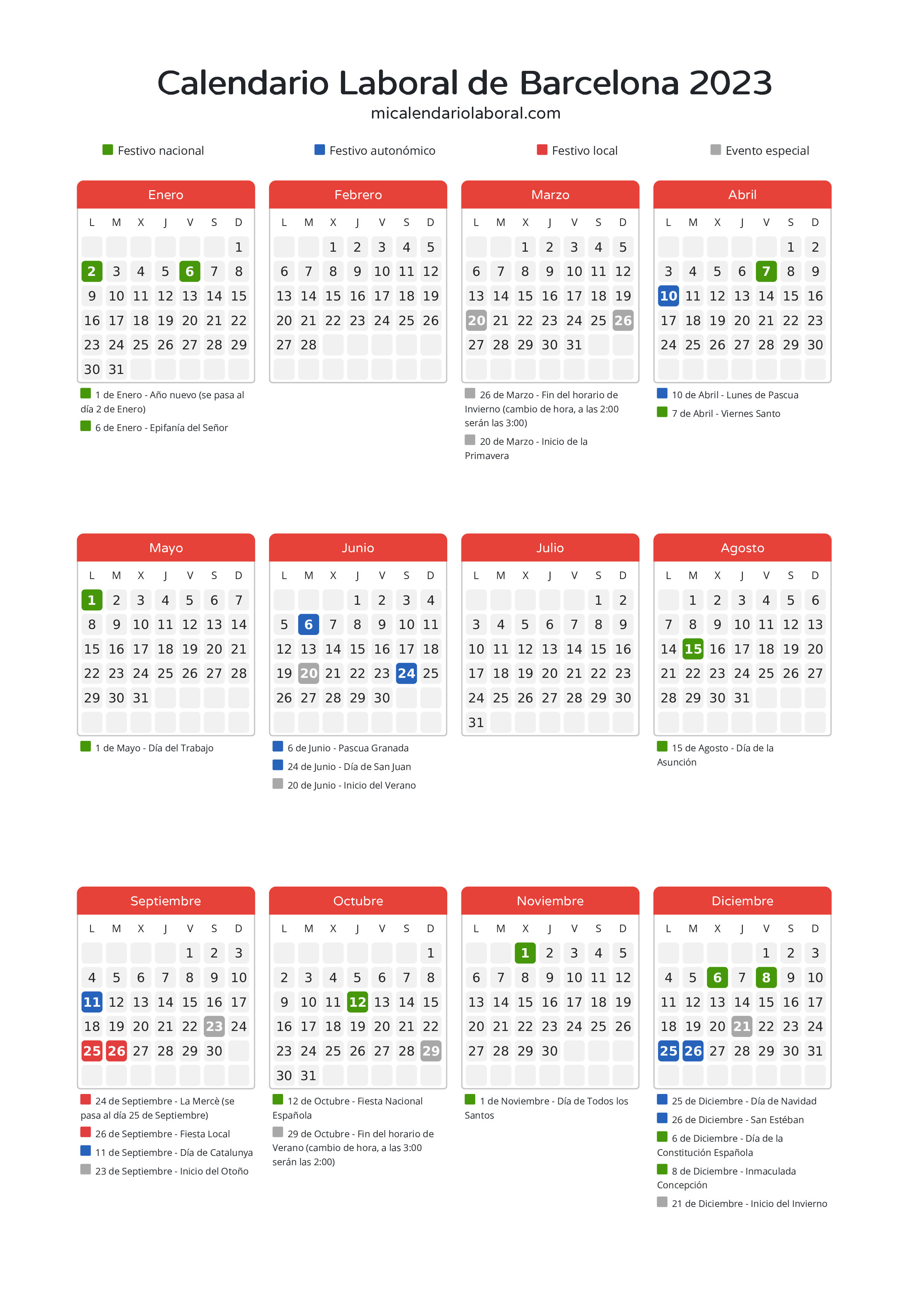 Calendario Laboral de Barcelona 2023 - Días festivos - Descubre todos los festivos, días no laborables y días inhábiles en el calendario de la provincia de Barcelona propuestos por Generalitat de Catalunya. Anticípate a los eventos y organiza tus vacaciones y puentes en 2023.