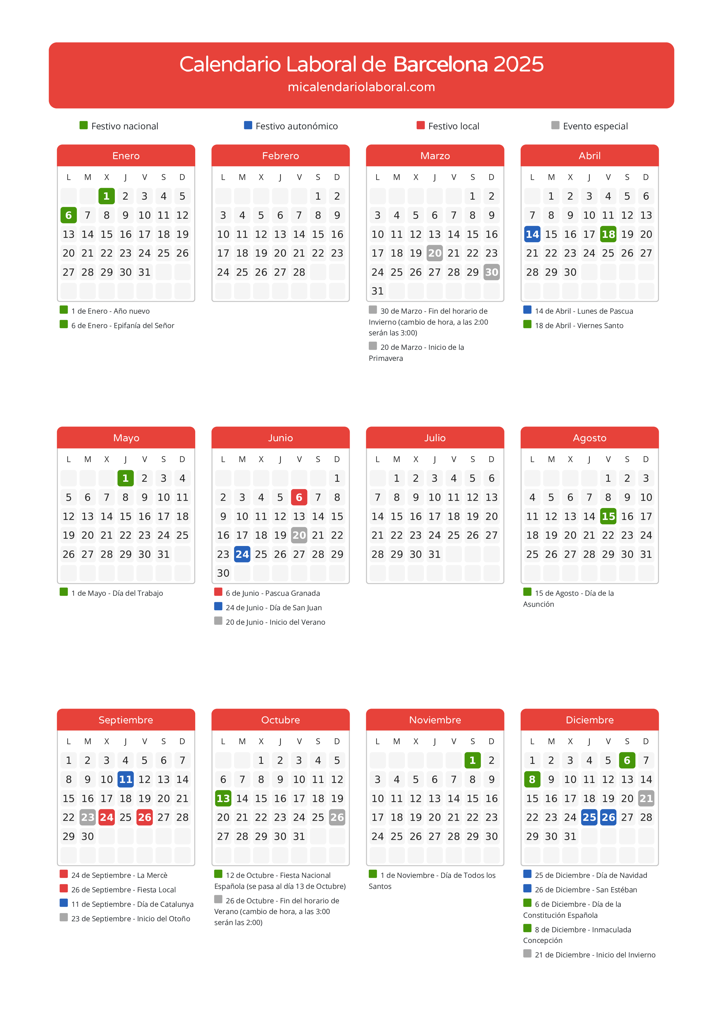 Calendario Laboral de Barcelona 2025 - Días festivos - Descubre todos los festivos, días no laborables y días inhábiles en el calendario de la provincia de Barcelona propuestos por Generalitat de Catalunya. Anticípate a los eventos y organiza tus vacaciones y puentes en 2025.