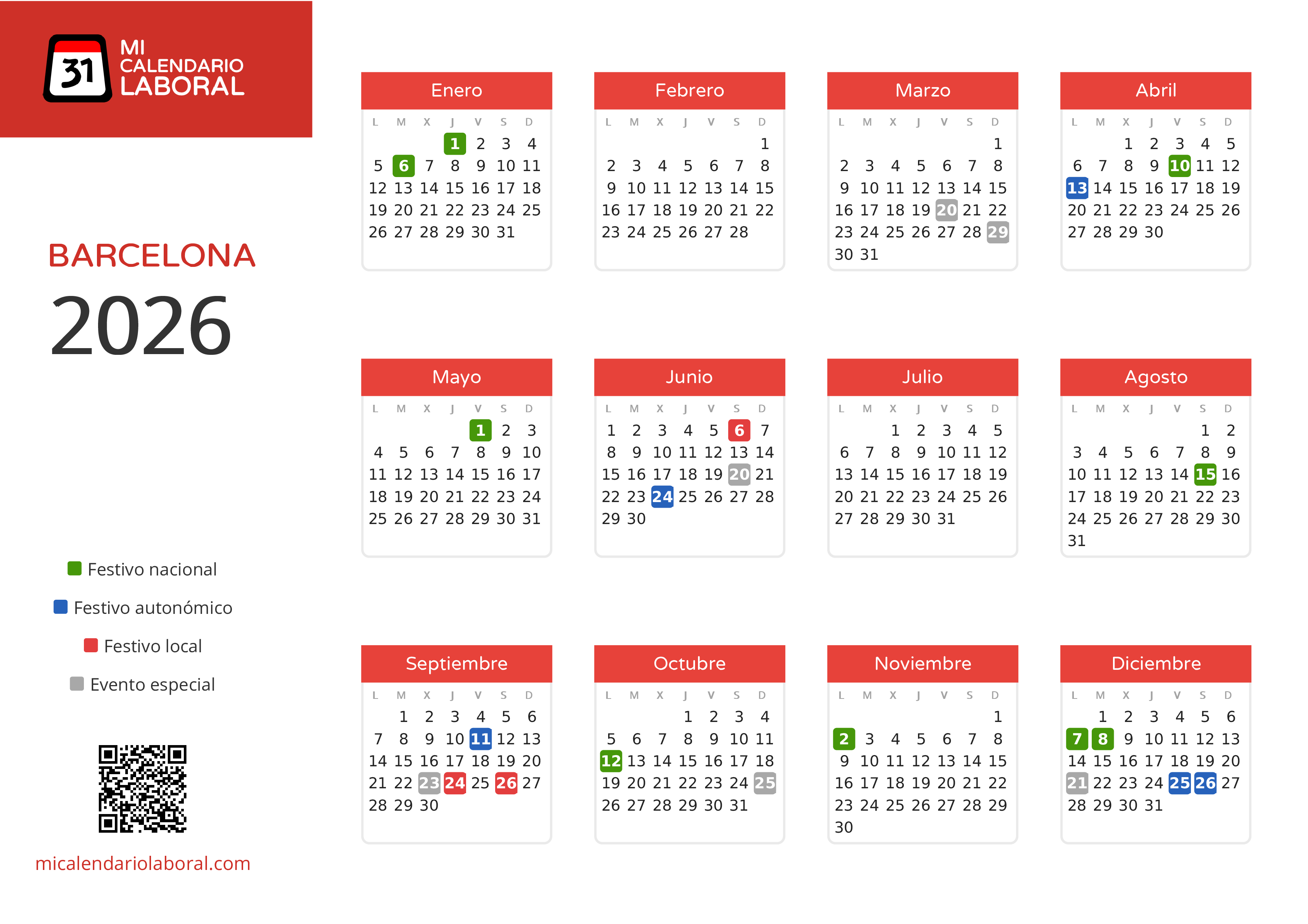 Calendario Laboral de Barcelona 2026 - Días festivos - Todos los festivos y días no laborables del calendario de Barcelona propuestos por Generalitat de Catalunya. Organiza tus vacaciones y puentes en 2026.