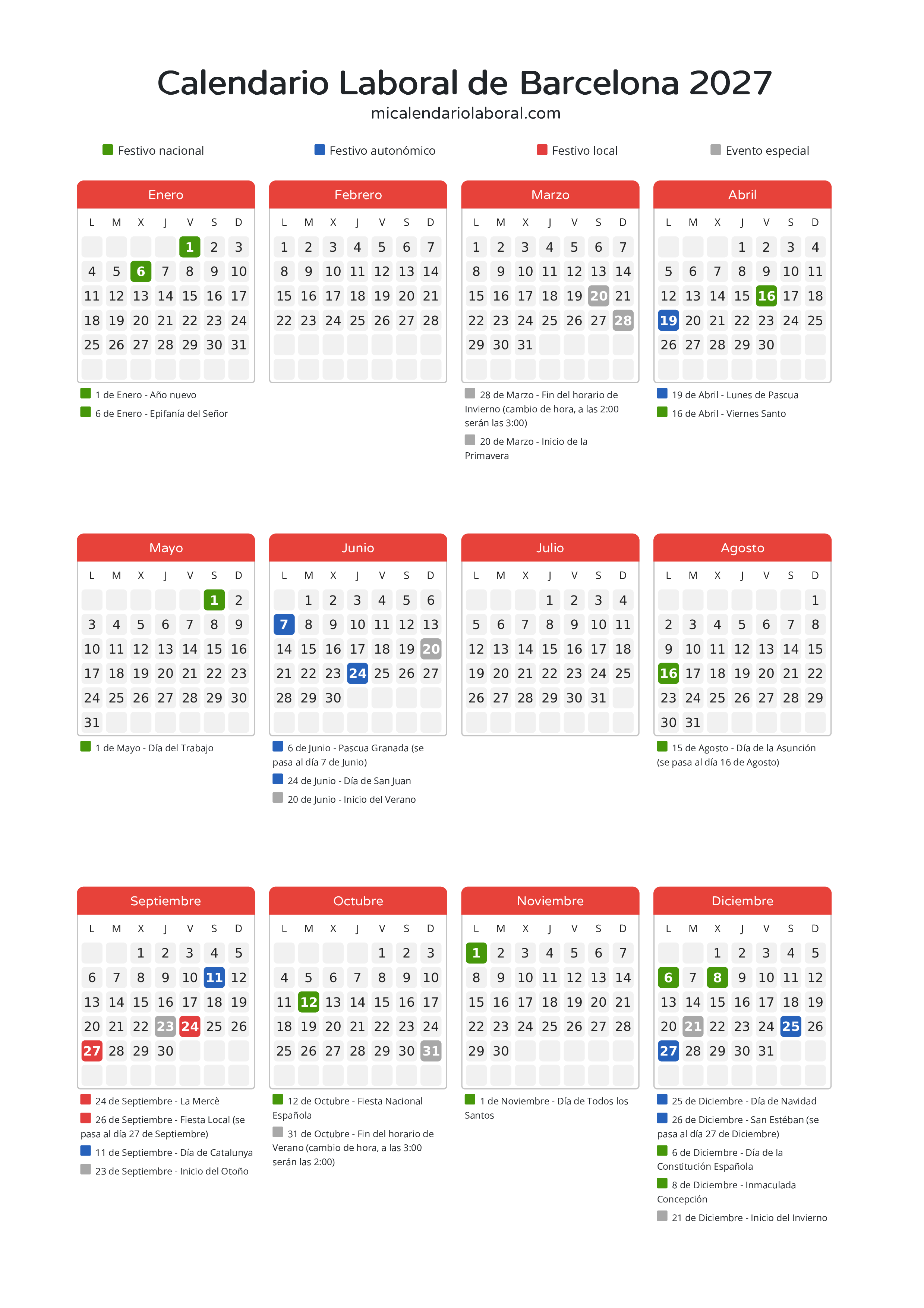 Calendario Laboral de Barcelona 2027 - Días festivos - Descubre todos los festivos, días no laborables y días inhábiles en el calendario de Barcelona propuestos por Generalitat de Catalunya. Organiza tus vacaciones y puentes en 2027.