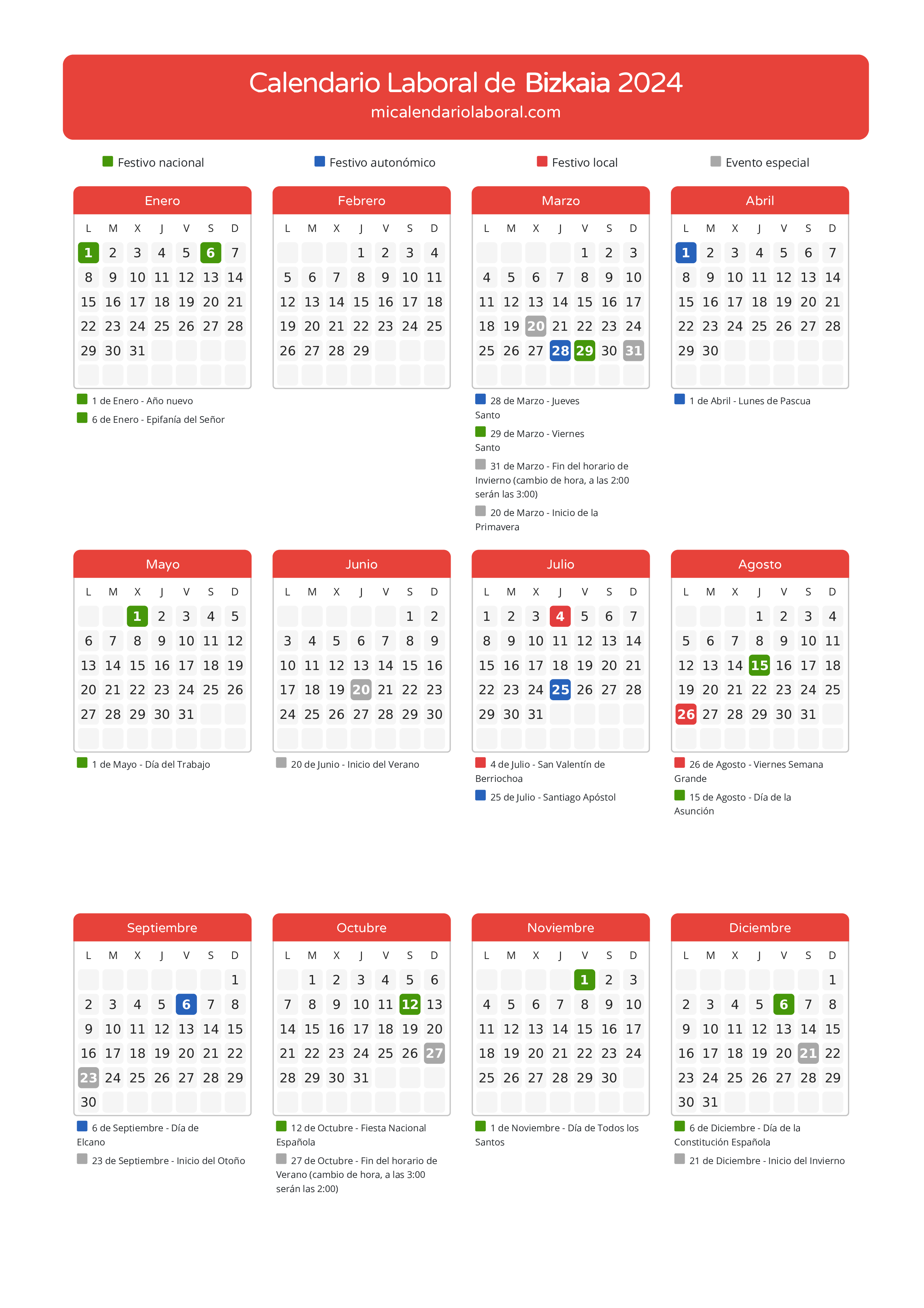 Calendario Laboral de Bizkaia 2024 - Días festivos - Aquí tienes todos los días festivos, no laborables y días inhábiles de la provincia del calendario de Bizkaia del año 2024