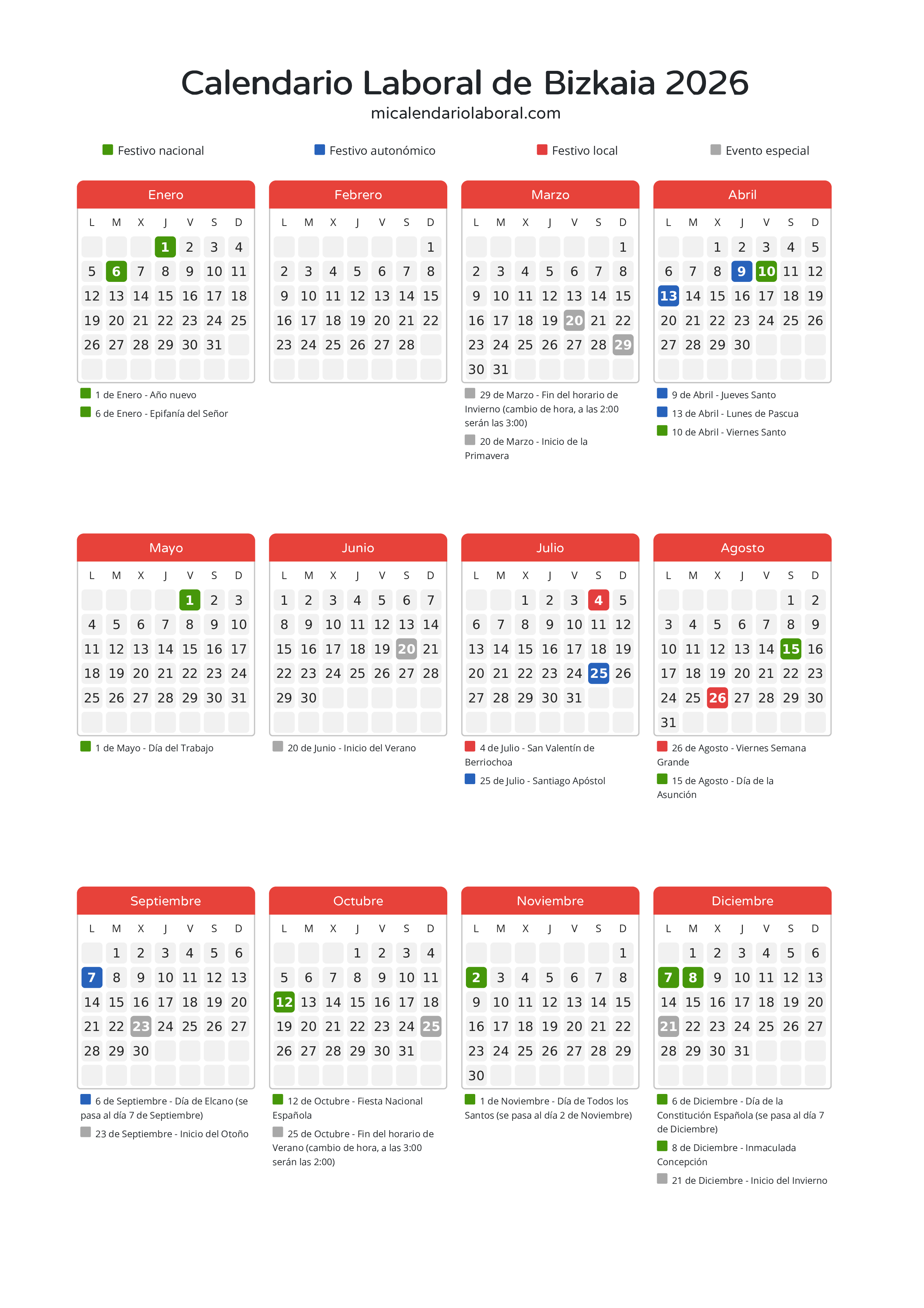Calendario Laboral de Bizkaia 2026 - Días festivos - Descubre todos los festivos, días no laborables y días inhábiles en el calendario de Bizkaia propuestos por Gobierno Vasco. Organiza tus vacaciones y puentes en 2026.