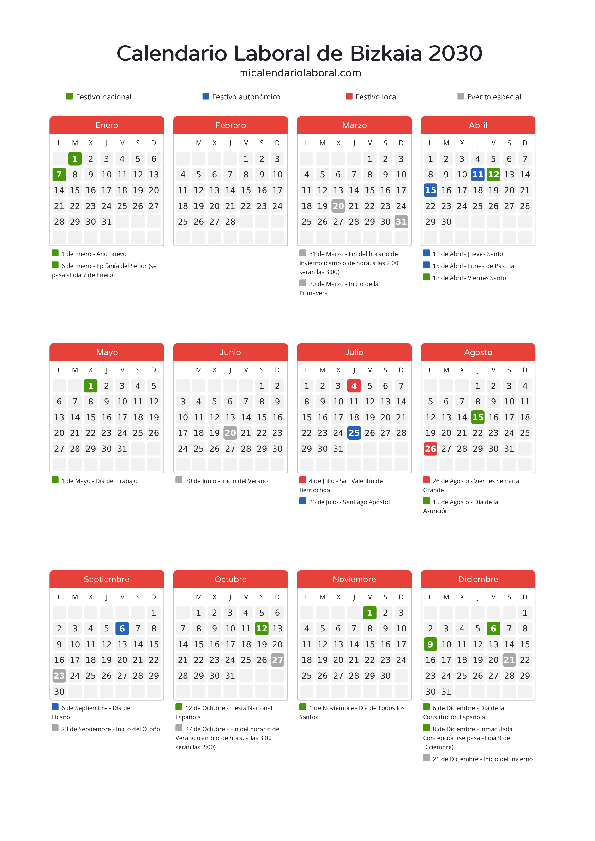 Calendario Laboral de Bizkaia 2030 - Días festivos - Todos los festivos y días no laborables del calendario de Bizkaia propuestos por Gobierno Vasco. Organiza tus vacaciones y puentes en 2030.