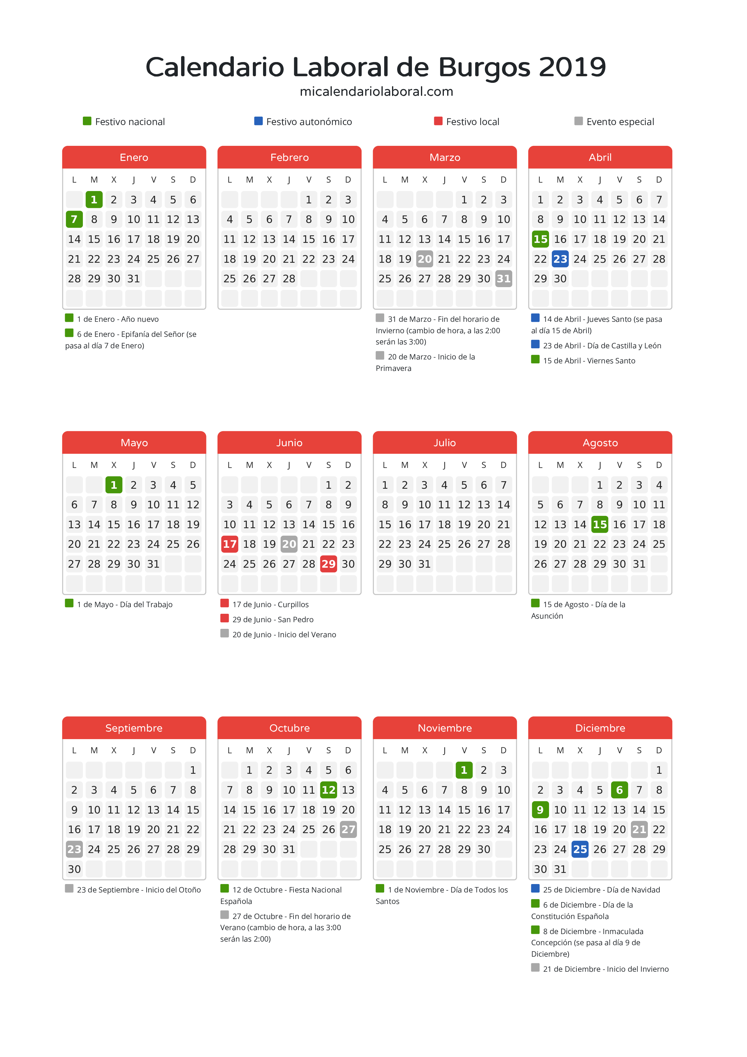 Calendario Laboral de Burgos 2019 - Días festivos - Descubre todos los festivos, días no laborables y días inhábiles en el calendario de Burgos propuestos por Junta de Castilla y León. Organiza tus vacaciones y puentes en 2019.