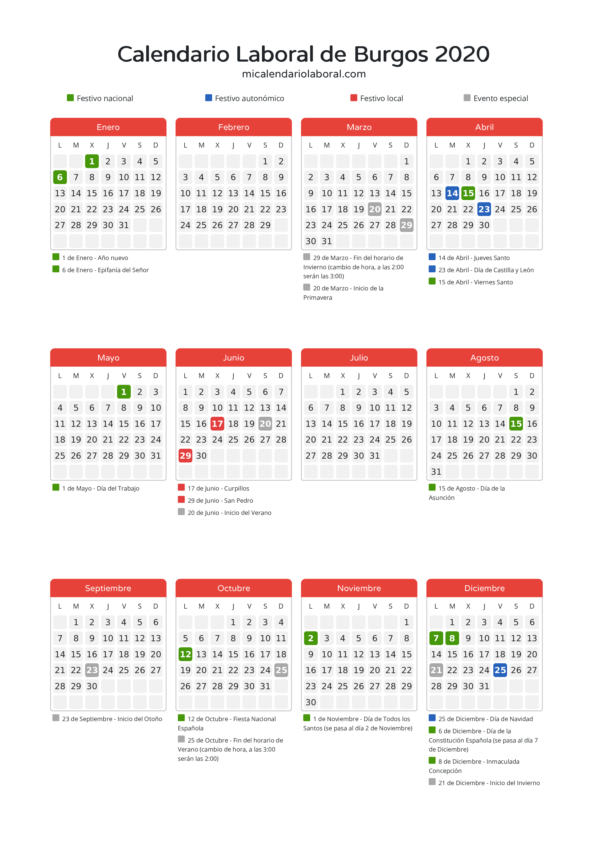 Calendario Laboral de Burgos 2020 - Días festivos - Descubre todos los festivos, días no laborables y días inhábiles en el calendario de Burgos propuestos por Junta de Castilla y León. Organiza tus vacaciones y puentes en 2020.