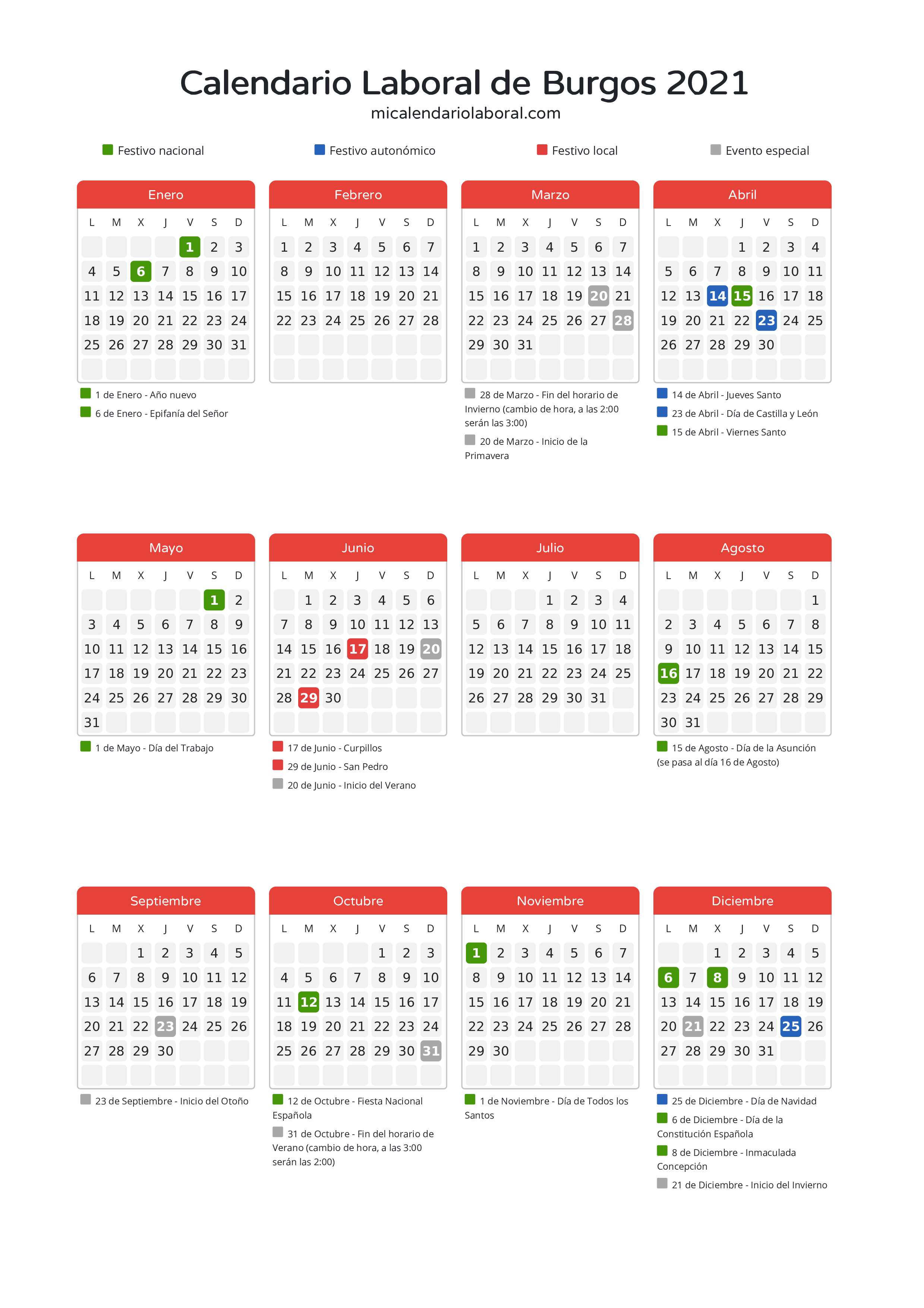 Calendario Laboral de Burgos 2021 - Días festivos - Descubre todos los festivos, días no laborables y días inhábiles en el calendario de Burgos propuestos por Junta de Castilla y León. Organiza tus vacaciones y puentes en 2021.