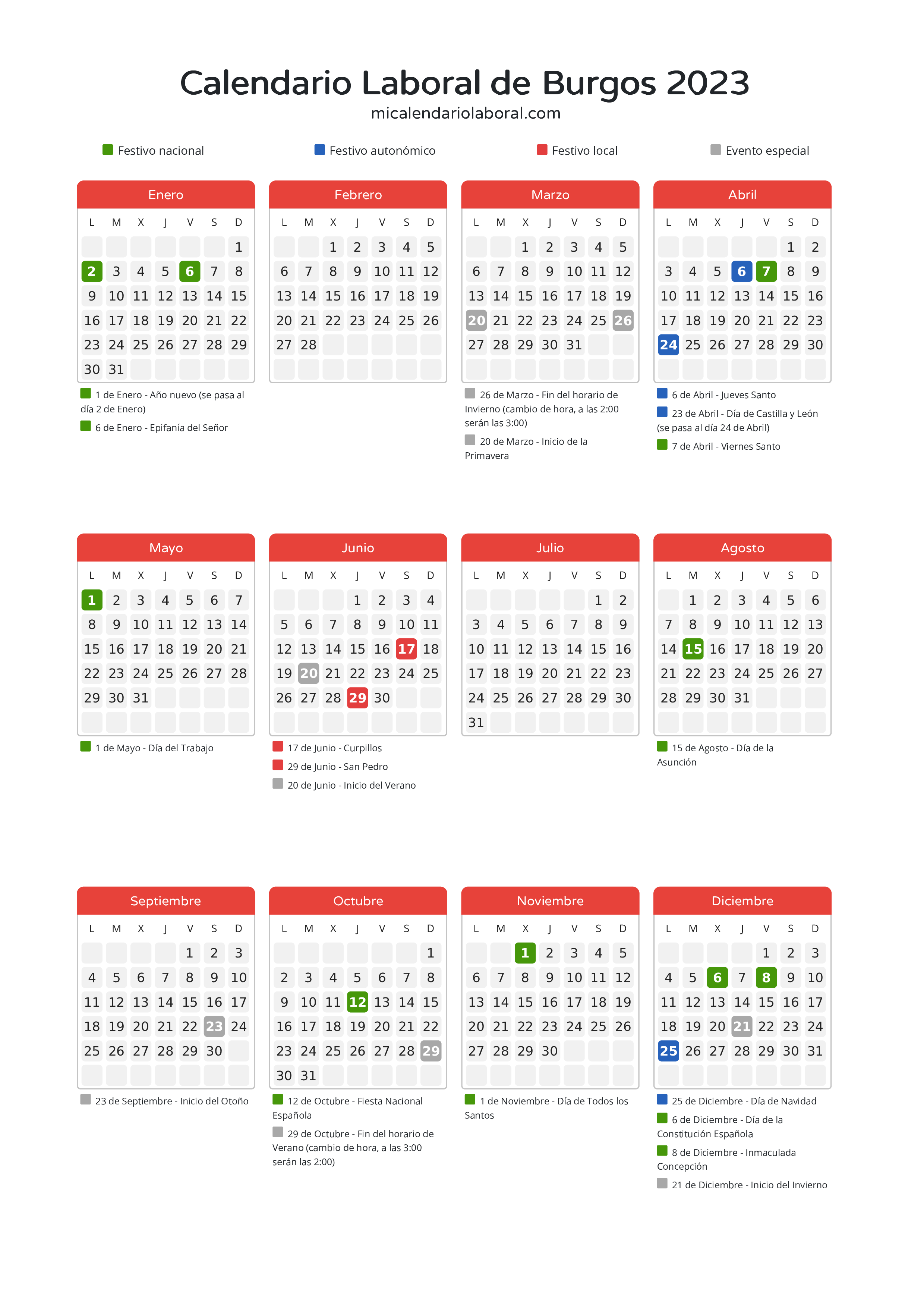 Calendario Laboral de Burgos 2023 - Días festivos - Aquí tienes todos los días festivos, no laborables y días inhábiles de la provincia del calendario de Burgos del año 2023