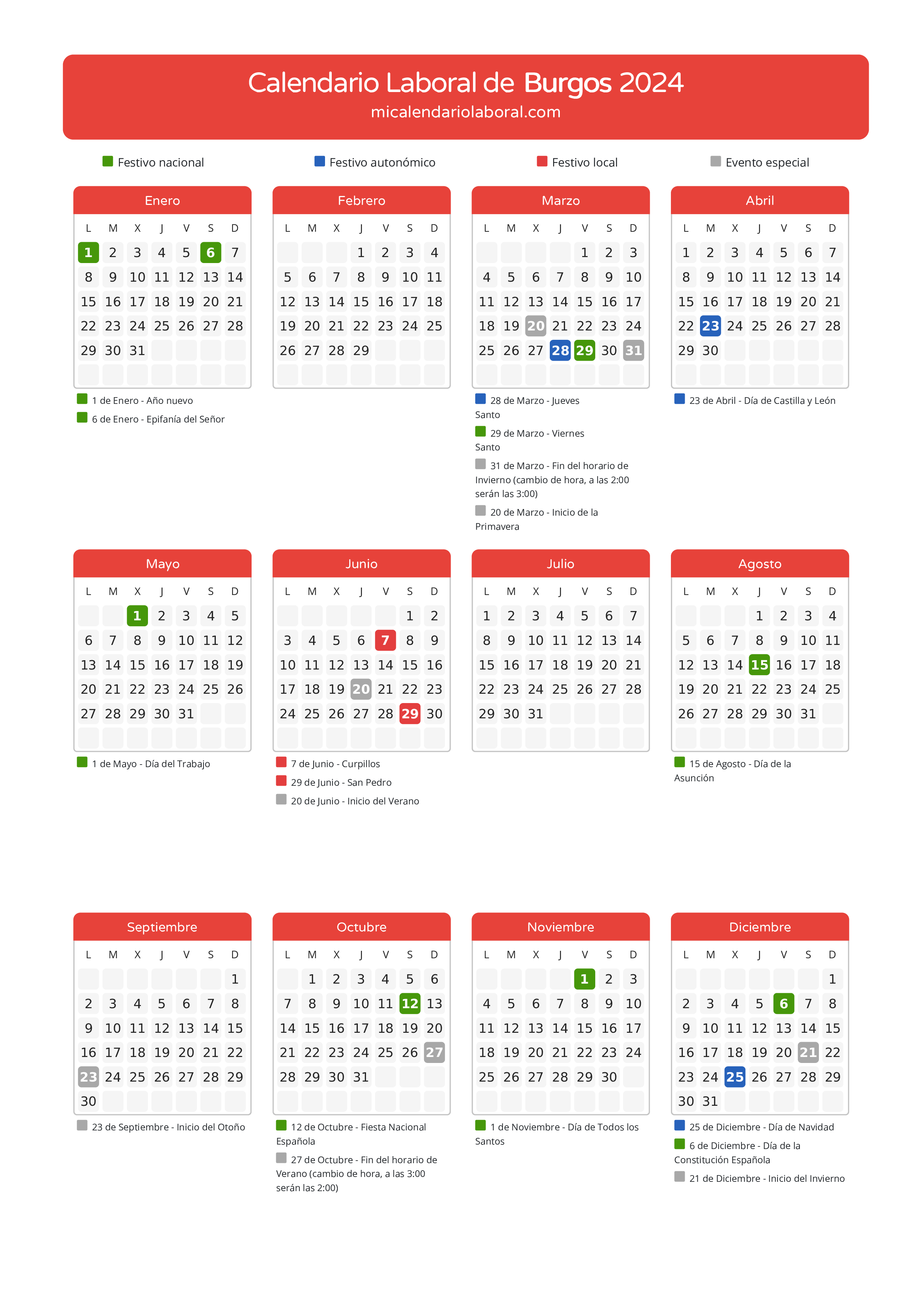 Calendario Laboral de Burgos 2024 - Días festivos - Aquí tienes todos los días festivos, no laborables y días inhábiles de la provincia del calendario de Burgos del año 2024