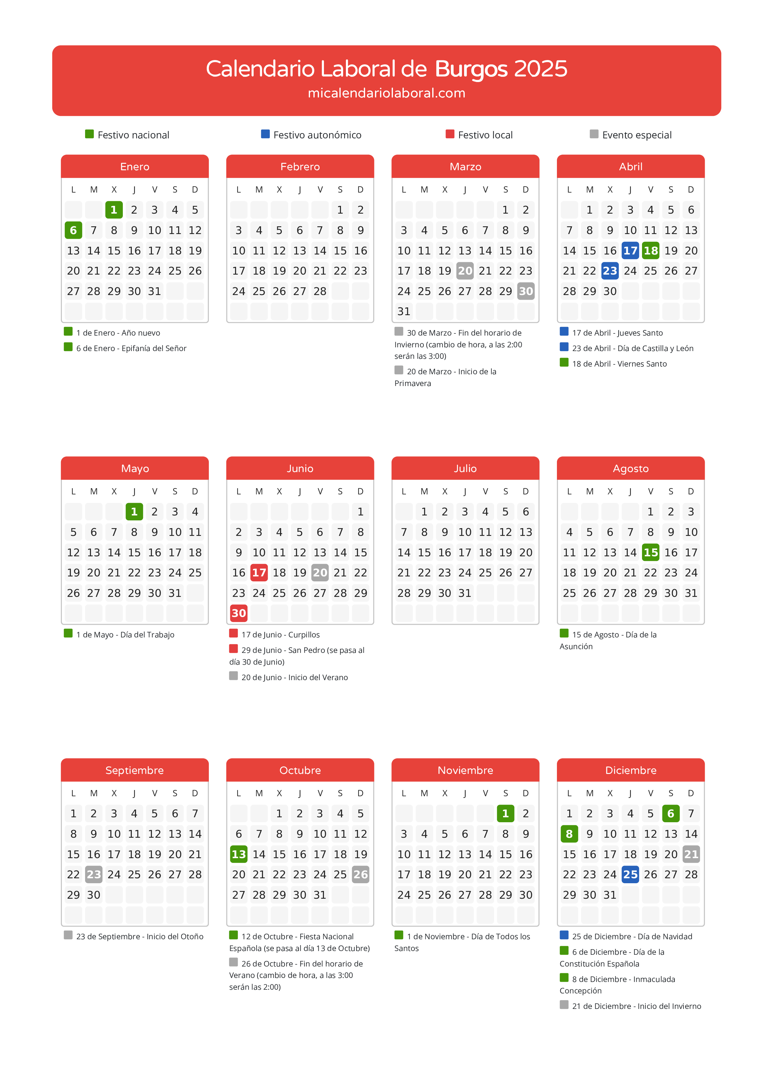 Calendario Laboral de Burgos 2025 - Días festivos - Aquí tienes todos los días festivos, no laborables y días inhábiles de la provincia del calendario de Burgos del año 2025