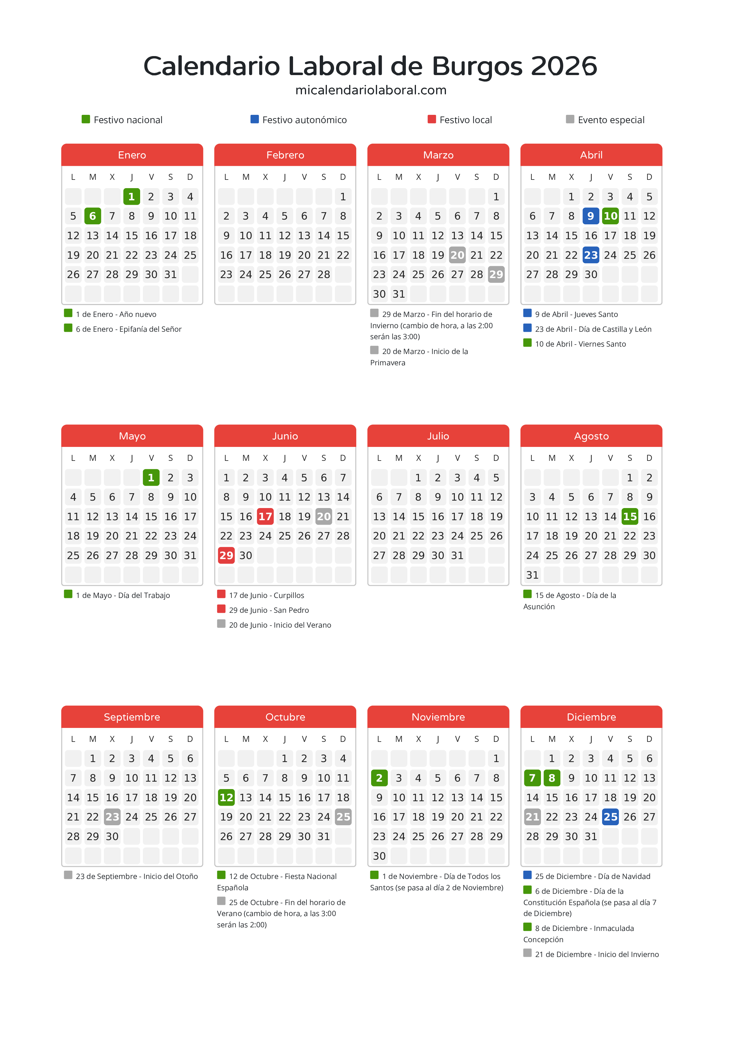 Calendario Laboral de Burgos 2026 - Días festivos - Descubre todos los festivos, días no laborables y días inhábiles en el calendario de Burgos propuestos por Junta de Castilla y León. Organiza tus vacaciones y puentes en 2026.