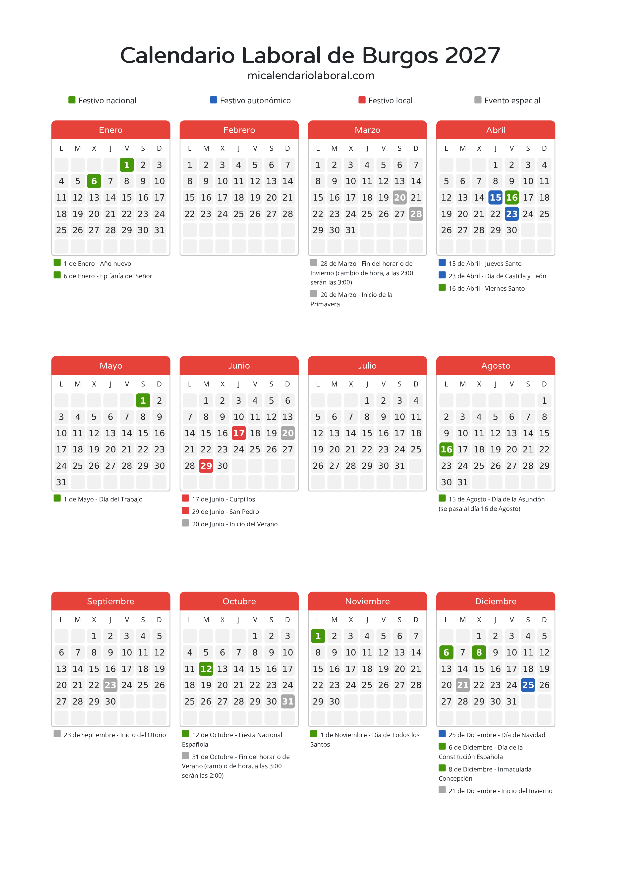 Calendario Laboral de Burgos 2027 - Días festivos - Descubre todos los festivos, días no laborables y días inhábiles en el calendario de Burgos propuestos por Junta de Castilla y León. Organiza tus vacaciones y puentes en 2027.
