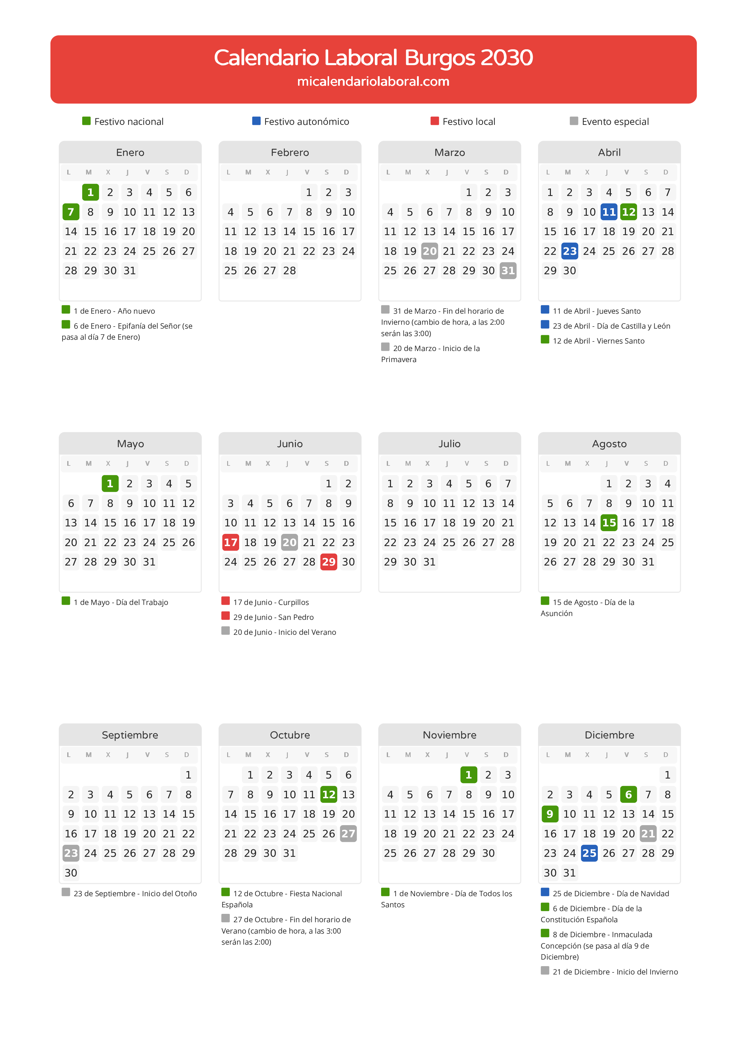 Calendario Laboral de Burgos 2030 - Días festivos - Todos los festivos y días no laborables del calendario de Burgos propuestos por Junta de Castilla y León. Organiza tus vacaciones y puentes en 2030.