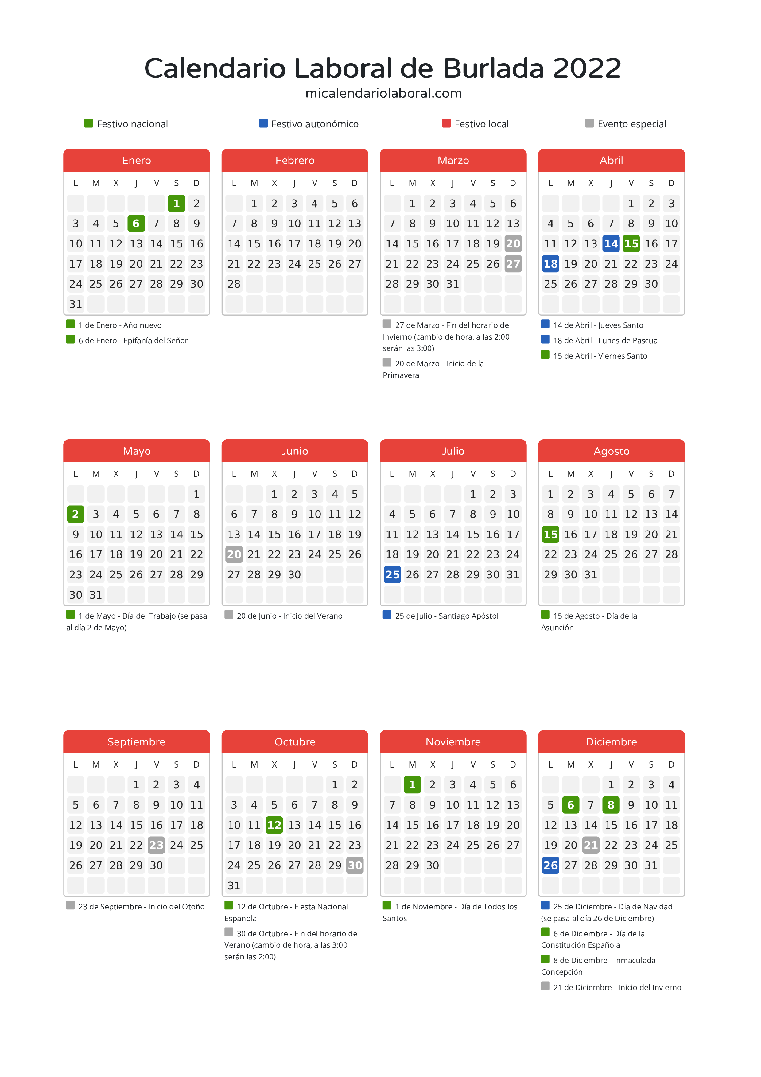 Calendario Laboral de Burlada 2022 - Días festivos - Todos los festivos y días no laborables del calendario de Burlada propuestos por Gobierno de Navarra. Organiza tus vacaciones y puentes en 2022.