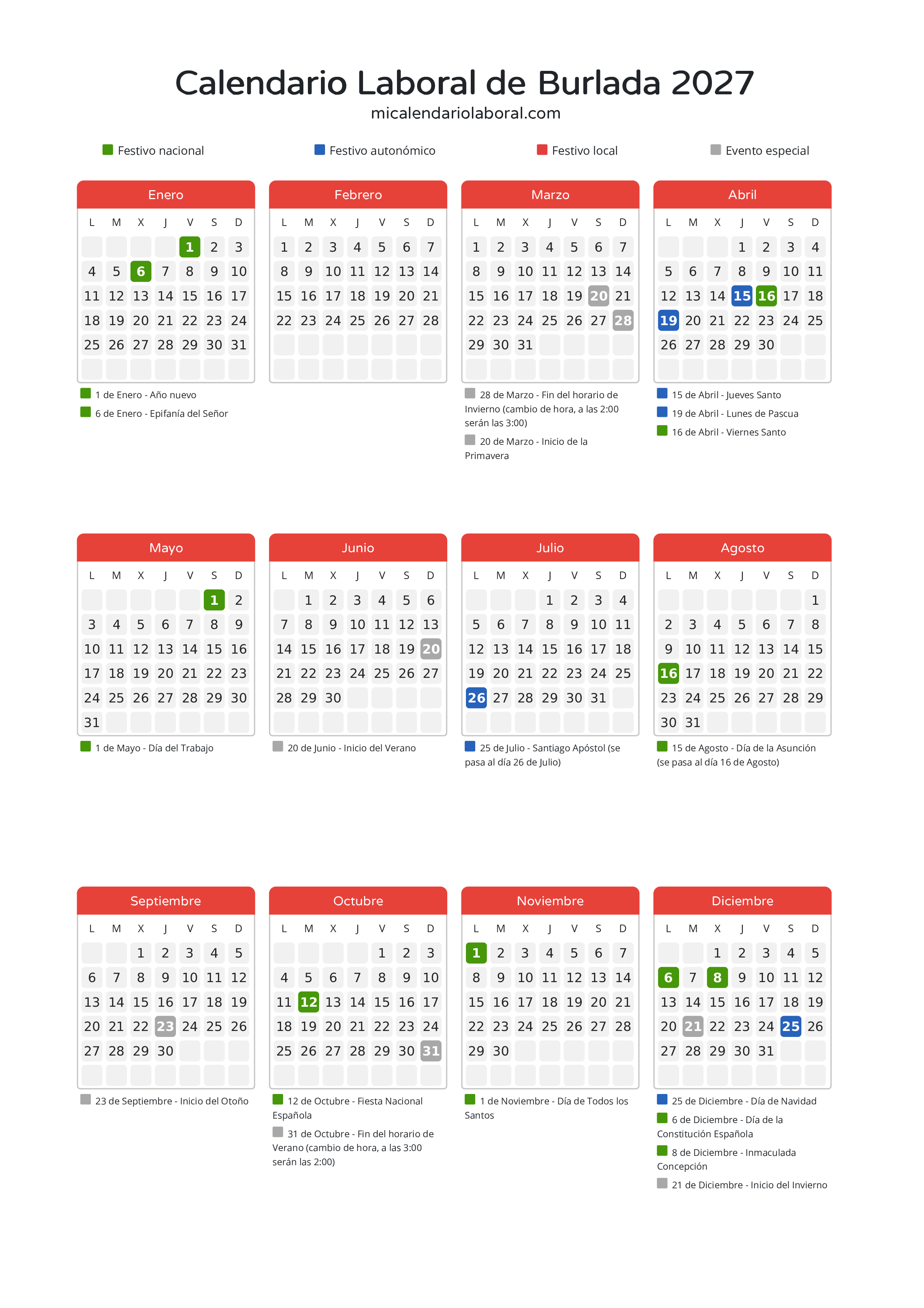 Calendario Laboral de Burlada 2027 - Días festivos - Descubre todos los festivos, días no laborables y días inhábiles en el calendario de Burlada propuestos por Gobierno de Navarra. Organiza tus vacaciones y puentes en 2027.