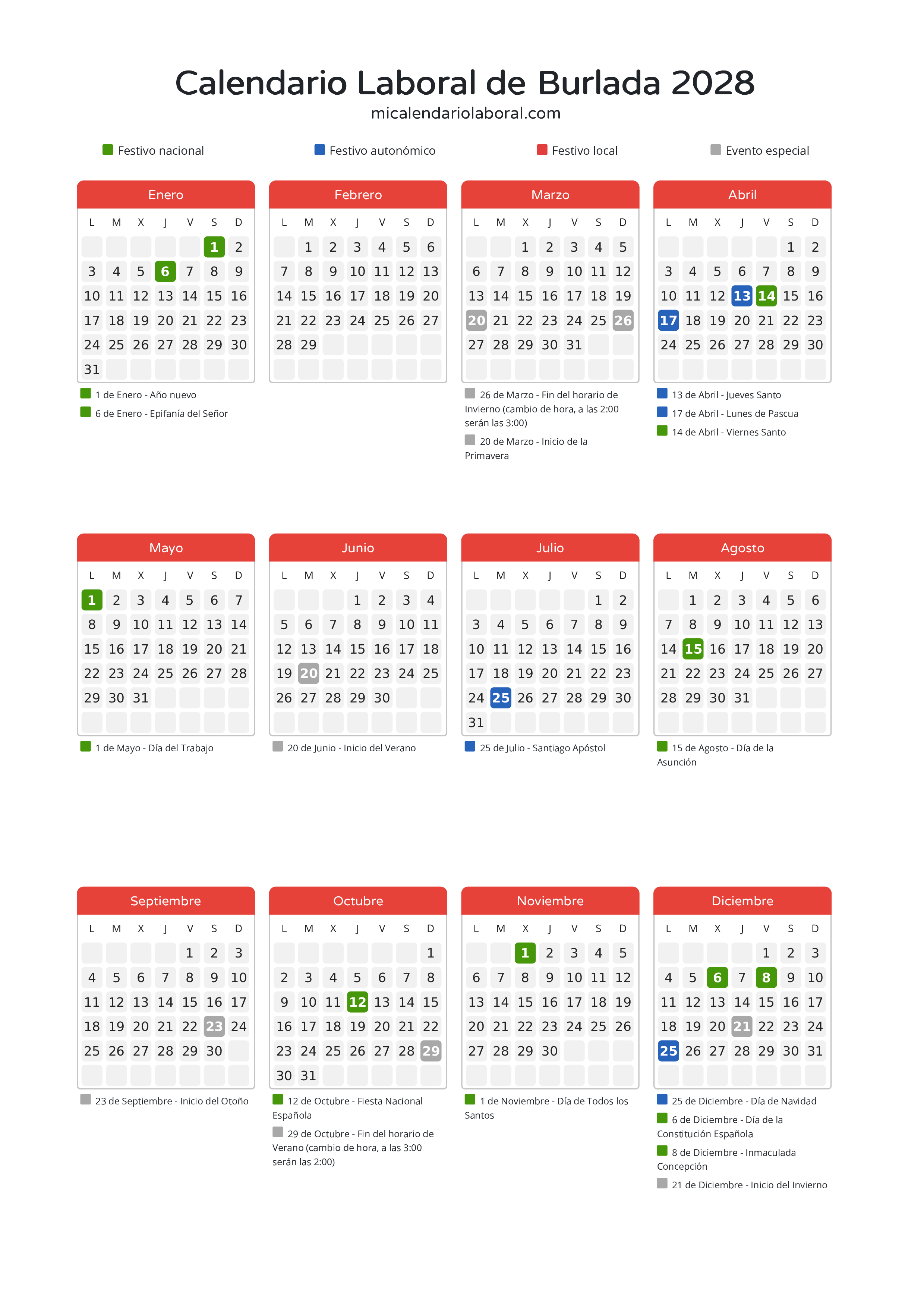 Calendario Laboral de Burlada 2028 - Días festivos - Descubre todos los festivos, días no laborables y días inhábiles en el calendario de Burlada propuestos por Gobierno de Navarra. Organiza tus vacaciones y puentes en 2028.