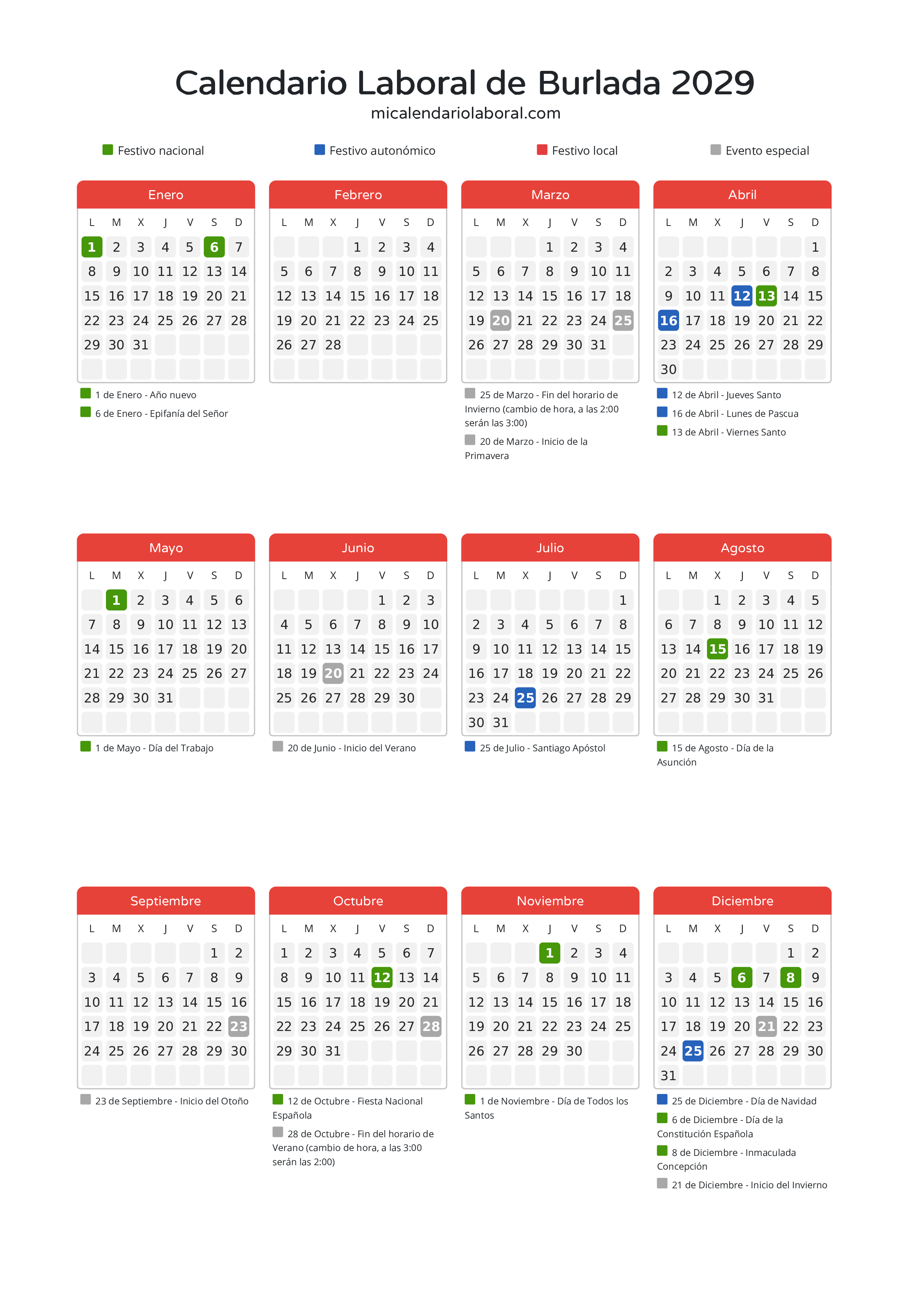 Calendario Laboral de Burlada 2029 - Días festivos - Descubre todos los festivos, días no laborables y días inhábiles en el calendario de Burlada propuestos por Gobierno de Navarra. Organiza tus vacaciones y puentes en 2029.