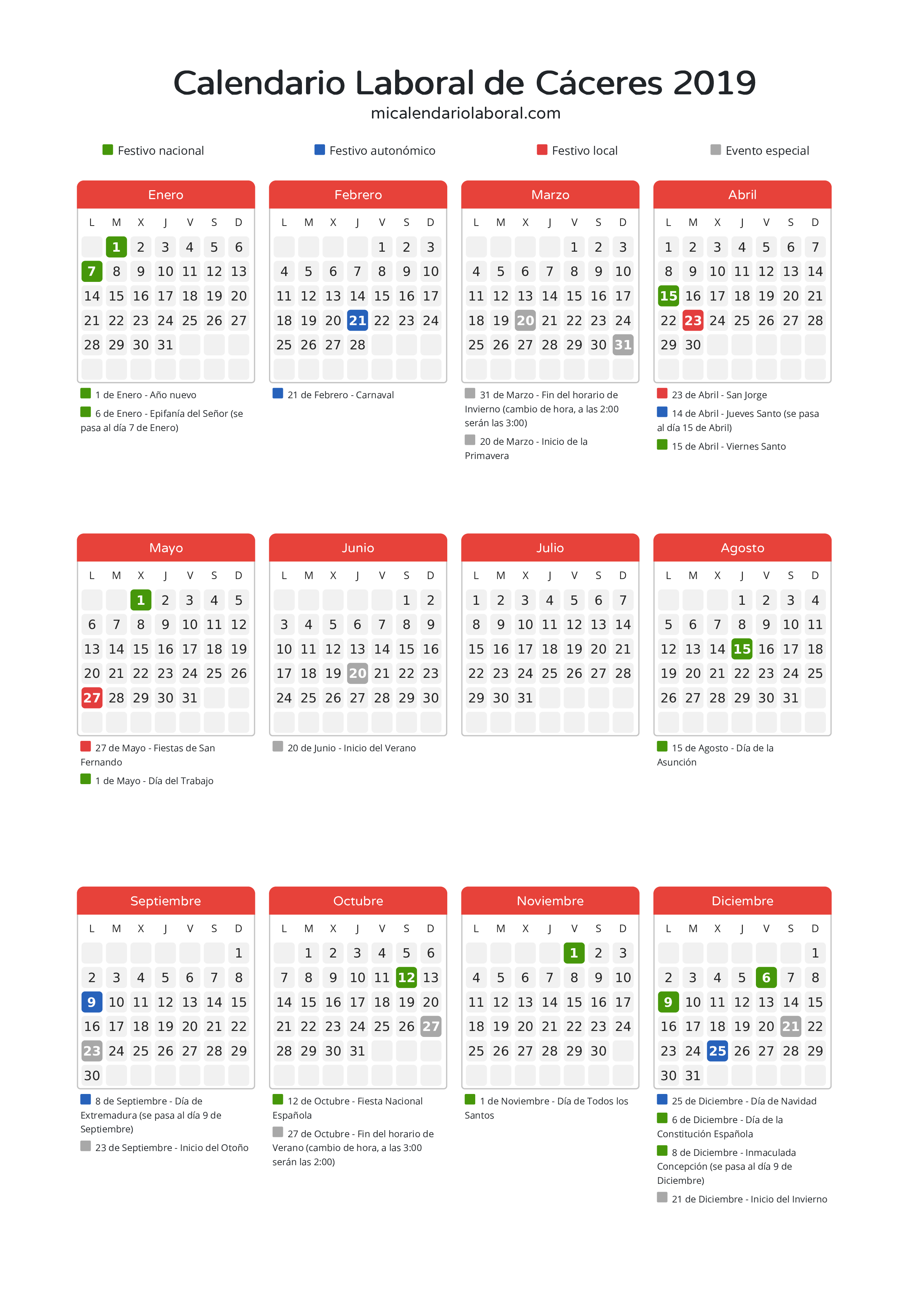 Calendario Laboral de Cáceres 2019 - Días festivos - Descubre todos los festivos, días no laborables y días inhábiles en el calendario de Cáceres propuestos por Junta de Extremadura. Organiza tus vacaciones y puentes en 2019.