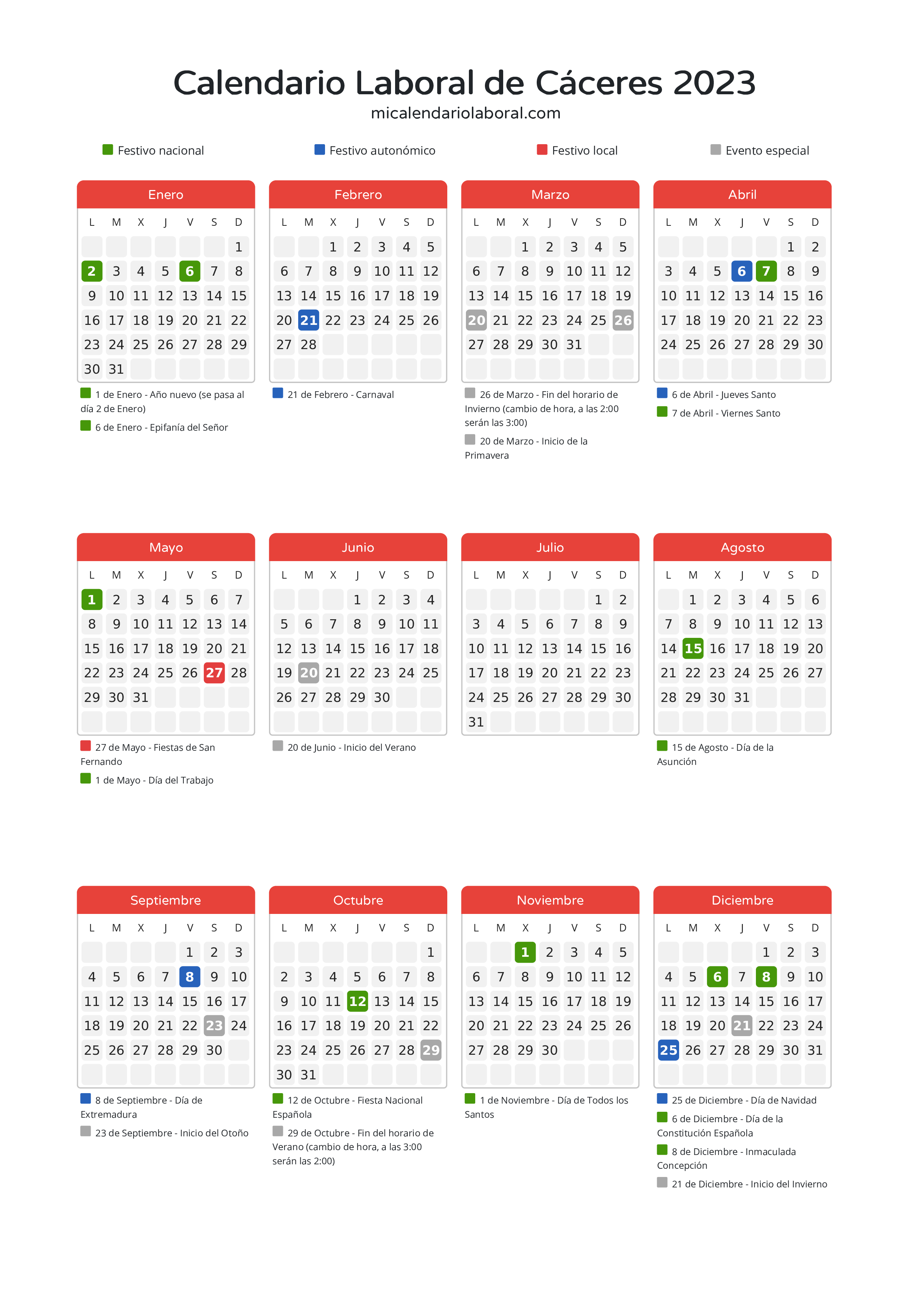 Calendario Laboral de Cáceres 2023 - Días festivos - Aquí tienes todos los días festivos, no laborables y días inhábiles de la provincia del calendario de Cáceres del año 2023
